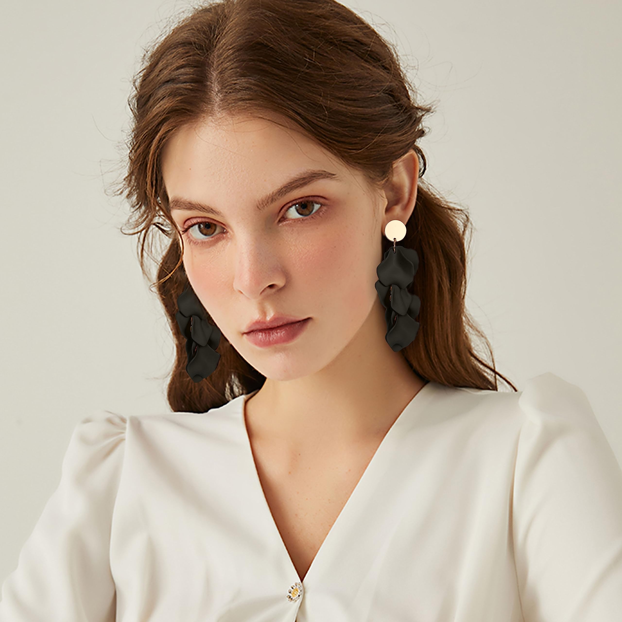 FIBO STEEL Rose Petal Clip-On Earrings for Women - Acrylic Dangle Earrings in Red, White, Black, Hot Pink & Orange - Boho Floral Statement Jewelry for Parties, Weddings & Everyday Wear