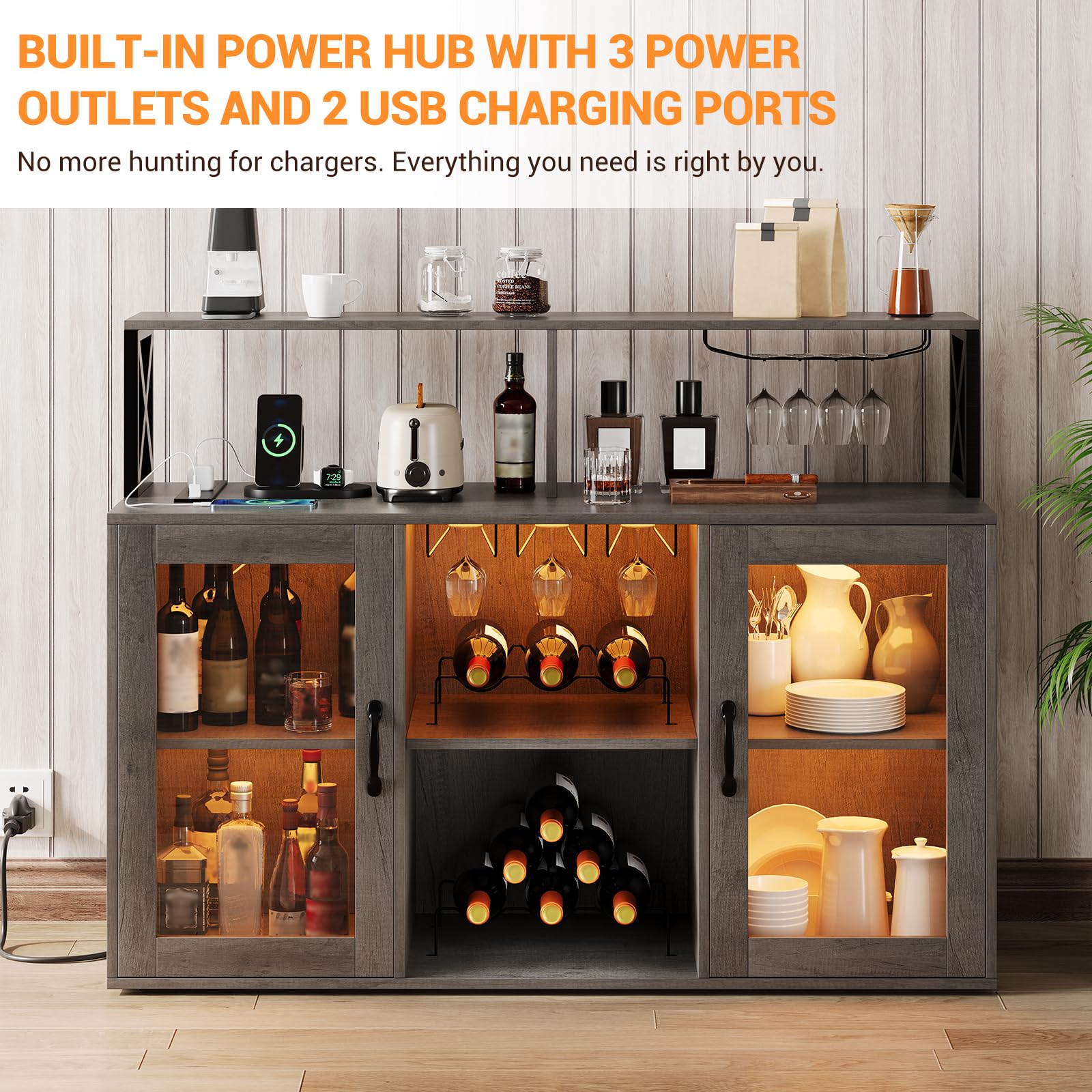 Retro Gray Bar Cabinet with Power Outlets, LED Lights & Glass Holder - Wine Storage Cabinet with Racks for Home & Kitchen - Perfect for Entertaining, Dining Rooms & Man Caves