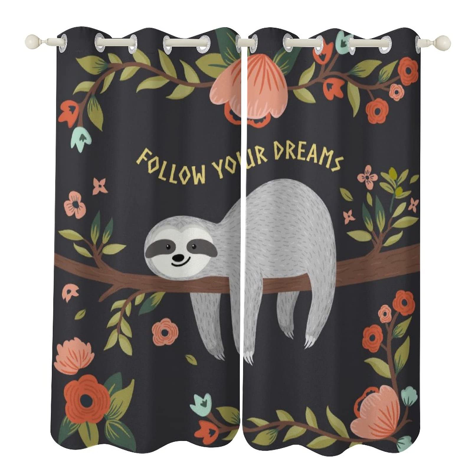 Baby Sloth Nursery Window Curtains - Thermal Insulated Blackout Drapes with Grommet Top (72x72 Inch, 2 Panels) | Follow Your Dreams Design for Kids Room, Bedroom & Living Room | Room Darkening, Energy Saving Window Treatments for Daytime Naps & Better Sleep