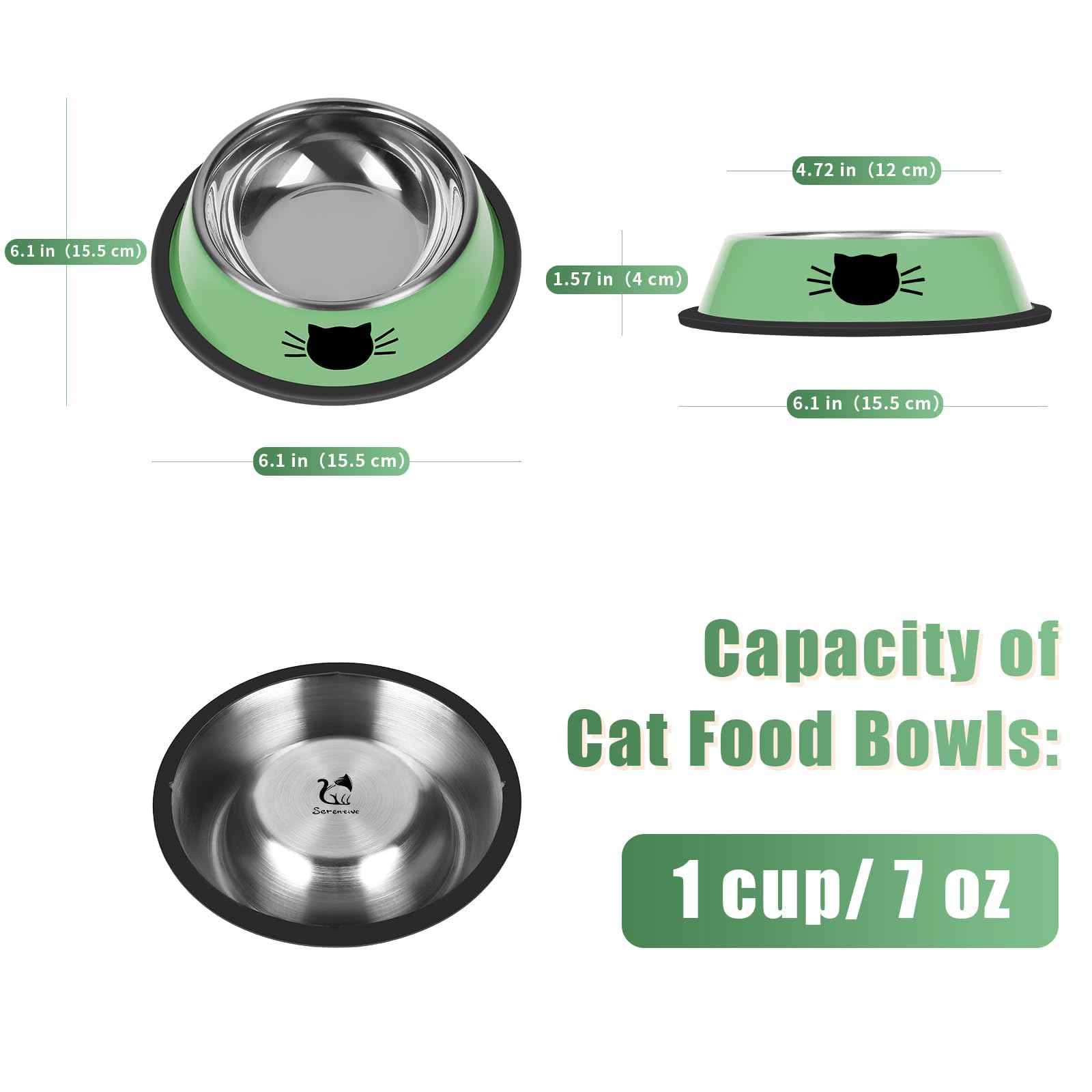 Non-Slip Stainless Steel Cat Bowls - 2 Pack, 7oz, Unbreakable & Easy Clean for Feeding Pets at Home