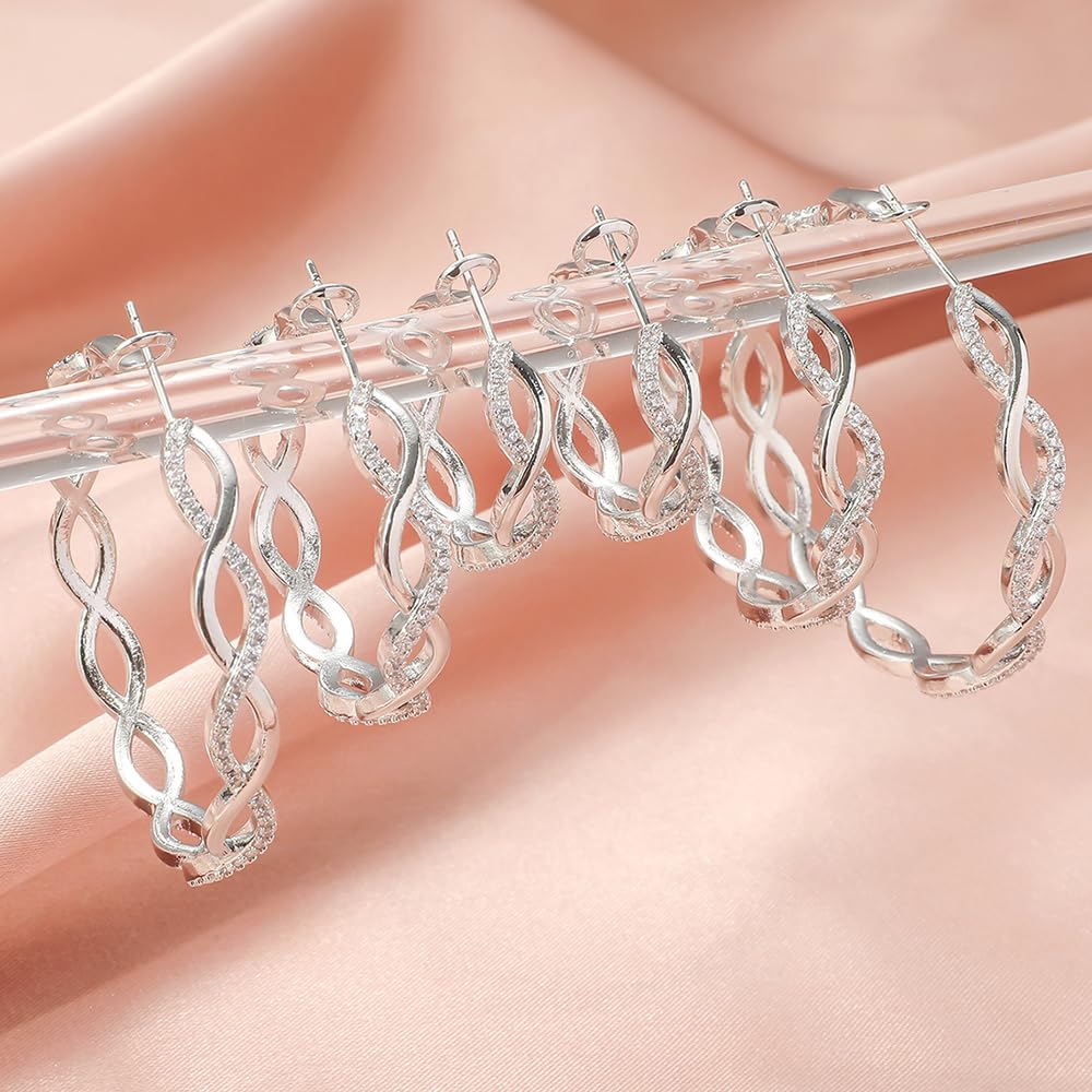 TOPBRIGHT 3 Pairs 925 Sterling Silver Hoop Earrings for Women - Lightweight Huggie Earrings, Twisted Hoop Earrings with Cubic Zirconia, Hypoallergenic (20mm, 30mm, 40mm) - Perfect for Everyday Wear, Parties & Gifts