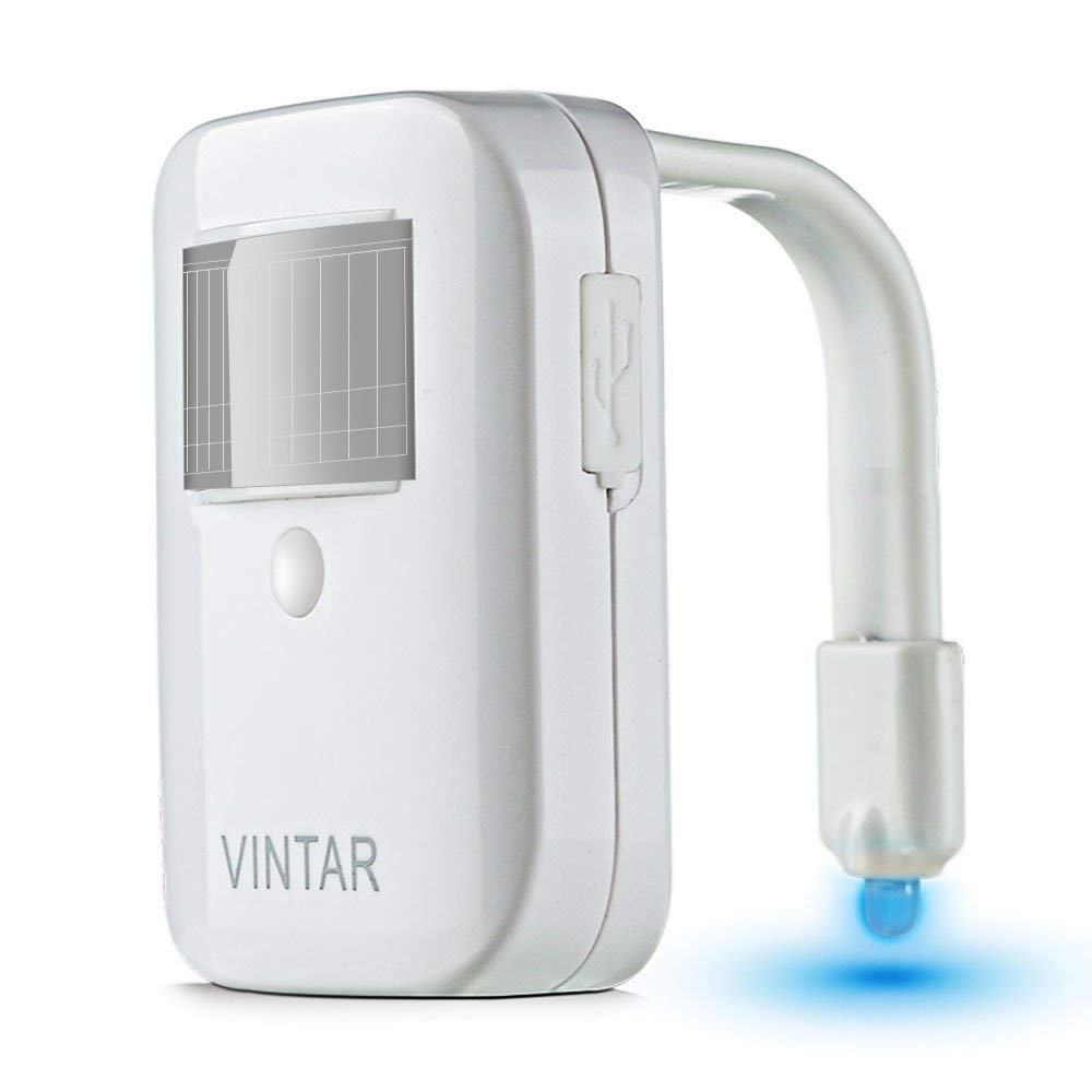 VINTAR Rechargeable 16-Color Motion Sensor LED Toilet Night Light with 5-Stage Dimmer, IP67 Waterproof & Light Detection - Perfect Bathroom Safety Light for Kids, Adults & Elderly (Ideal Gift for Dad, Mom, Him, Her) - Use for Nighttime Bathroom Visits, Stair Lighting & Bedroom Safety