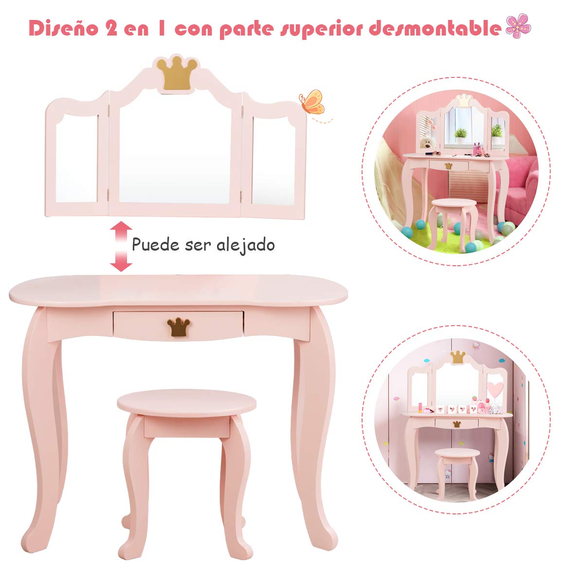 COSTWAY 2-in-1 Wooden Makeup Vanity Table with Stool & 3-Section Mirror, 80x42x105cm Kids Dressing Table with Drawer for Girls Age 3+ (Pink) - Perfect for Bedroom, Playroom & Birthday Gifts