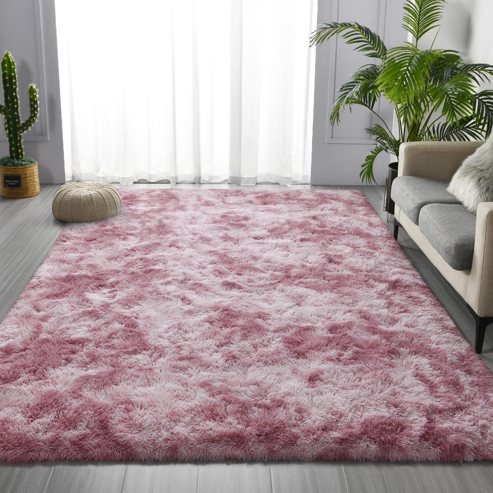 Soft Shaggy Area Rug 4x6 Feet - Tie-Dyed Plush Fuzzy Rug for Living Room & Bedroom - Ultra Fluffy Furry Carpet for Nursery, Kids Room Decor in Pink & Purple - Perfect for Cozy Home, Dorm, and Apartment Flooring