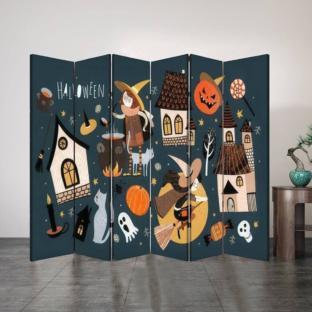 6-Panel Folding Room Divider Screen - Halloween Witch on Broomstick Canvas Privacy Partition for Home Office, Bathroom & Dorm - Decorative Space Separator for Parties, Workstations & Small Spaces