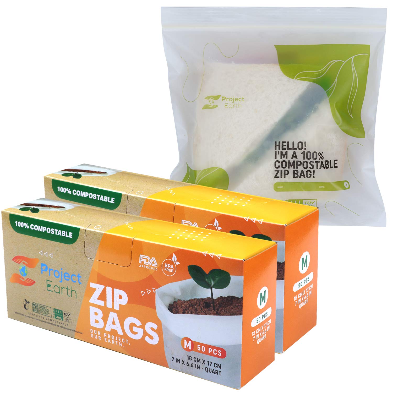 Eco-Friendly Compostable Zip Bags - 100 Count Quart Size (2 Pack) | Reusable Freezer, Sandwich & Food Storage Bags | Biodegradable & Resealable Lock | Perfect for Meal Prep, Picnics & Sustainable Living