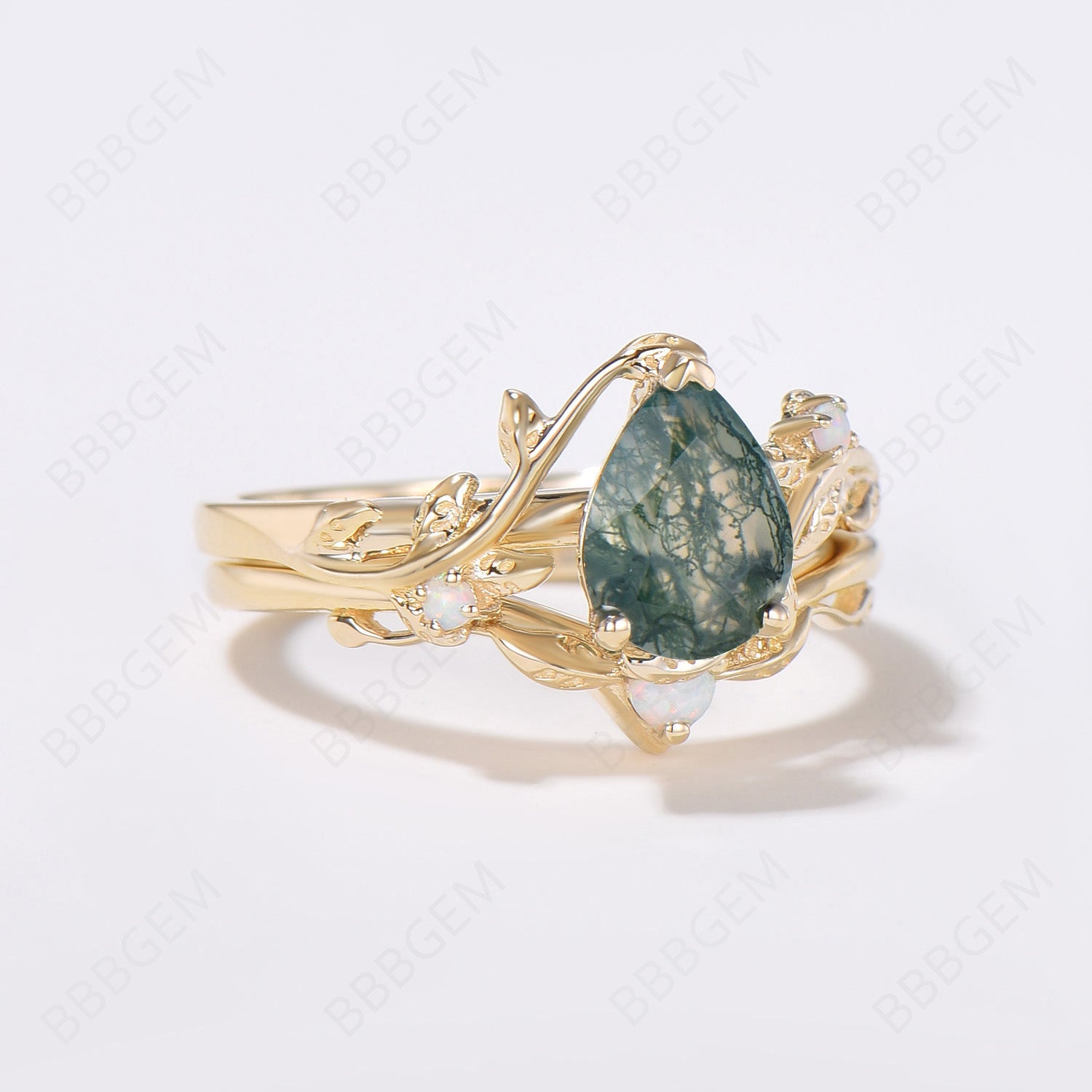 Nature Inspired Twig Leaf Pear Moss Agate Engagement Ring Set - Handcrafted Sterling Silver Wedding Band for Women - Perfect for Outdoor Weddings & Nature-Themed Proposals