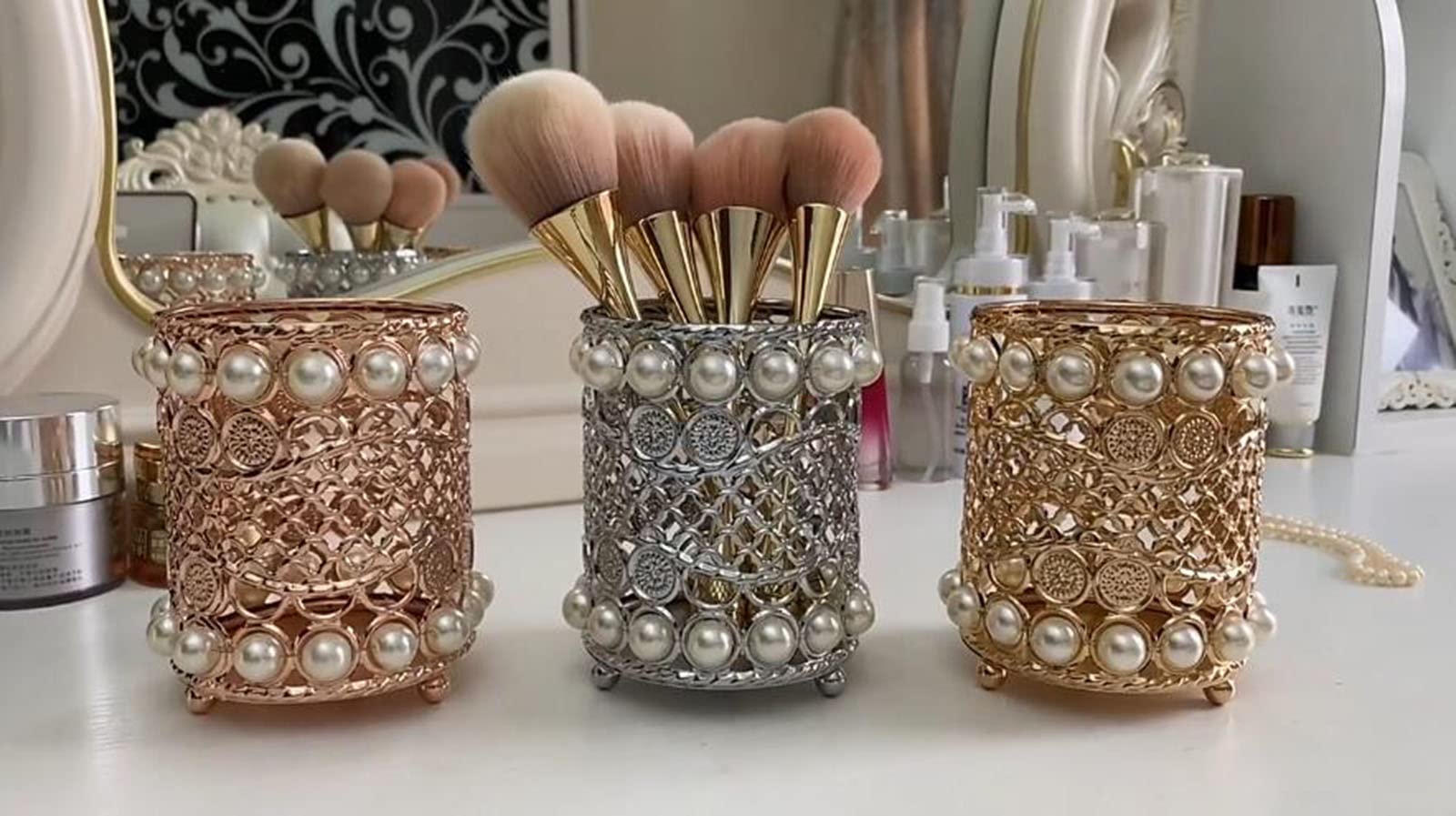 Gullor Handcrafted Pearl Makeup Brush Holder Organizer - Gold Cosmetic Storage Box for Eyebrow Comb Brushes, Pens & Pencils | Vanity, Bathroom, Bedroom & Office Desk Decor