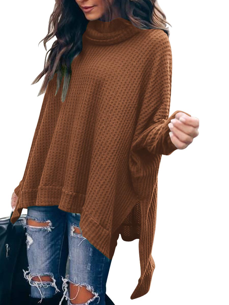 MILLCHIC Women's Oversized Waffle Knit Turtleneck Sweater - Batwing Sleeve Loose Pullover Tunic Top with High-Low Hem & Side Slit | Casual Fall Winter Fashion, Office Wear, Date Night Outfit