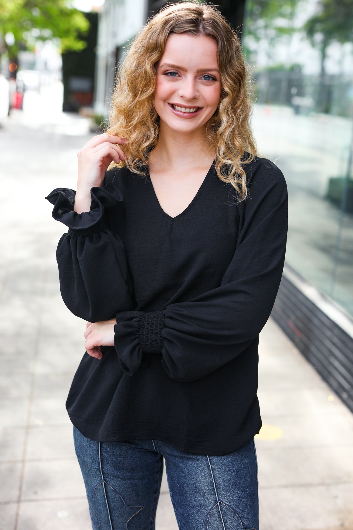 Hello Beautiful Black Smocked Bubble Sleeve Woven Top - Women's Elegant Blouse for Casual Wear, Date Night & Office Outfits