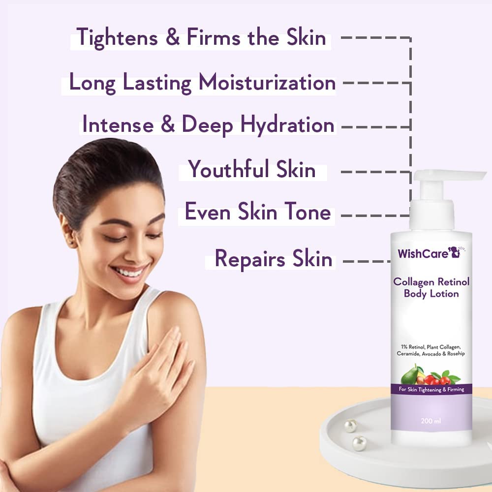 W'ishCare Collagen 1% Retinol Body Lotion for Skin Tightening & Firming - Anti-Aging Moisturizer with Niacinamide, Ceramide, Rosehip & Avocado Oil - Hydrating & Nourishing Cream for Men & Women - 6.76 Fl Oz - Perfect for Daily Skincare Routine & Post-Shower Use