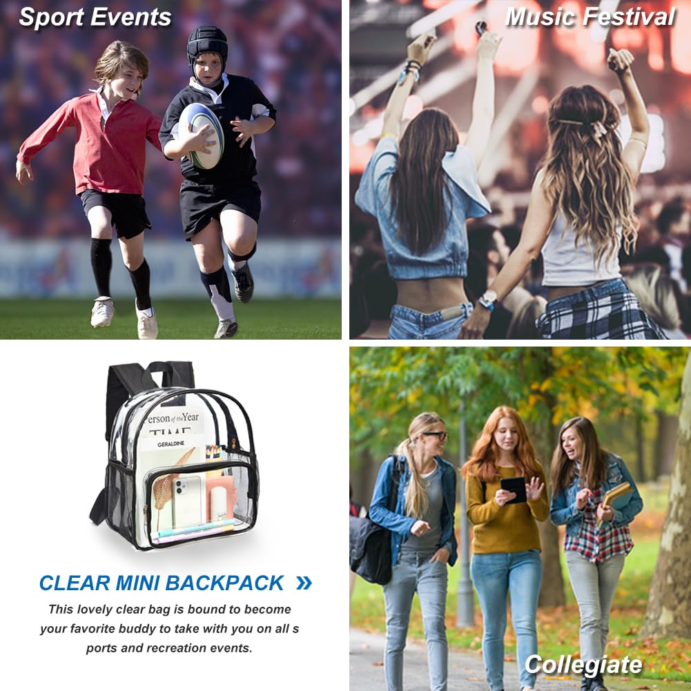 Clear Mini Backpack Stadium Approved - Waterproof Lightweight Heavy Duty Transparent Backpack for Concerts, Security Travel & Sporting Events | Perfect for Music Festivals, Airport Security & Stadium Entry (Black, Medium Size)
