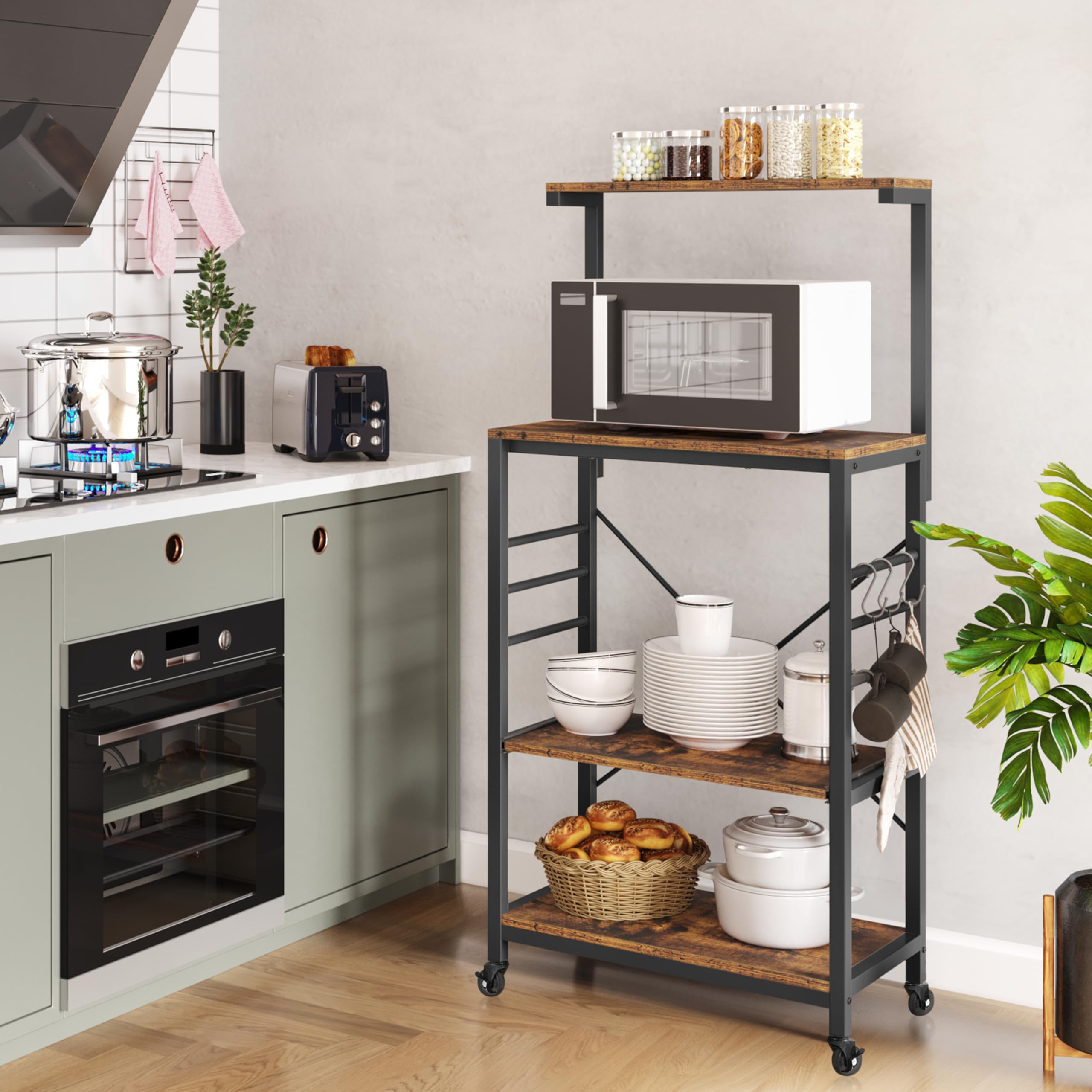 Yaheetech 3-Tier Bakers Rack with Wheels - Microwave Stand, Coffee Bar Cart with 6 Hooks & Sliding Shelf - Rustic Brown Kitchen Utility Storage Cart with Spice Rack - Perfect for Small Kitchens, Dining Rooms & Coffee Stations