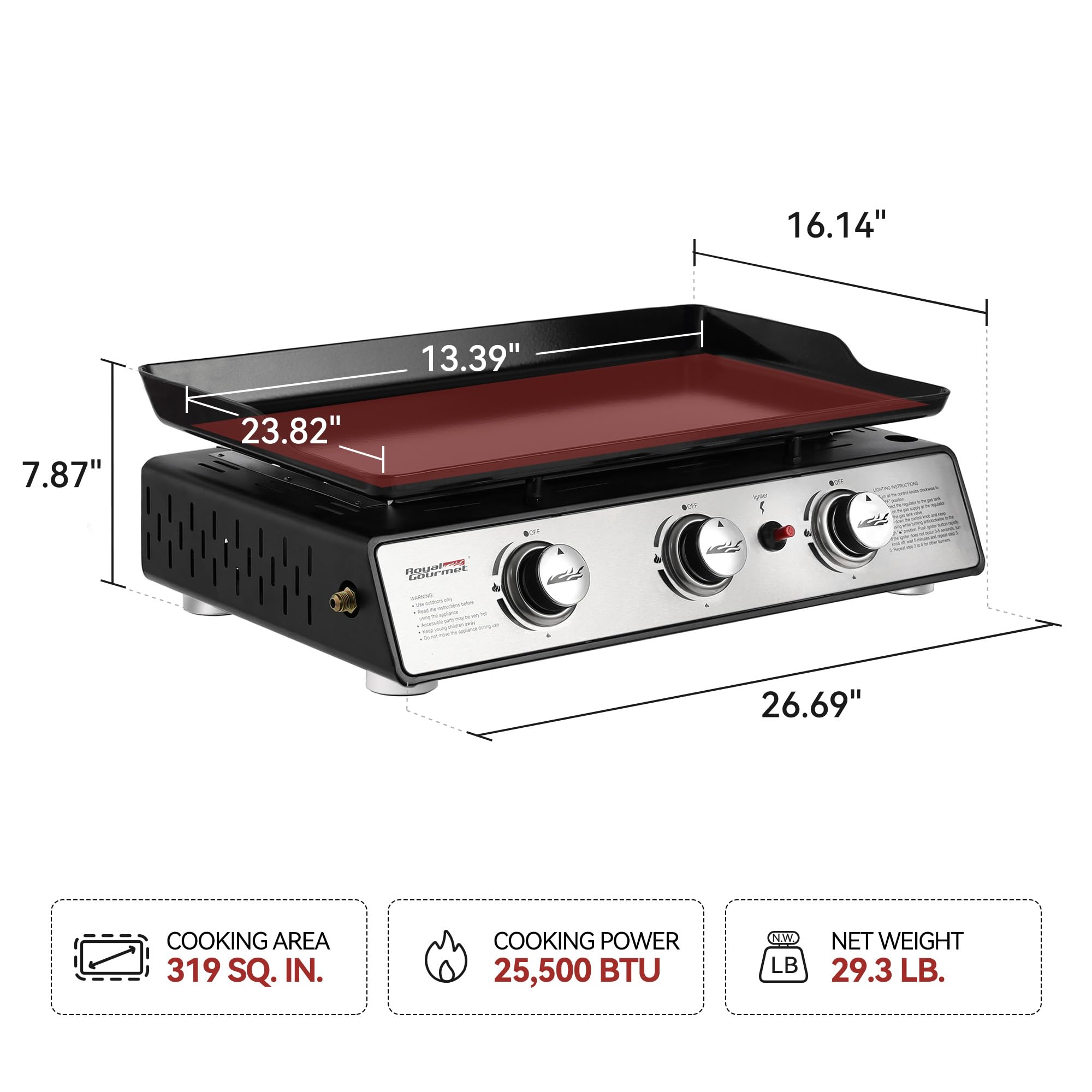 Royal Gourmet PD1301S 24-Inch Portable 3-Burner Gas Grill Griddle with Cover - 25,500 BTU Outdoor Cooking for Camping, Tailgating, Backyard BBQs & Picnics - Black