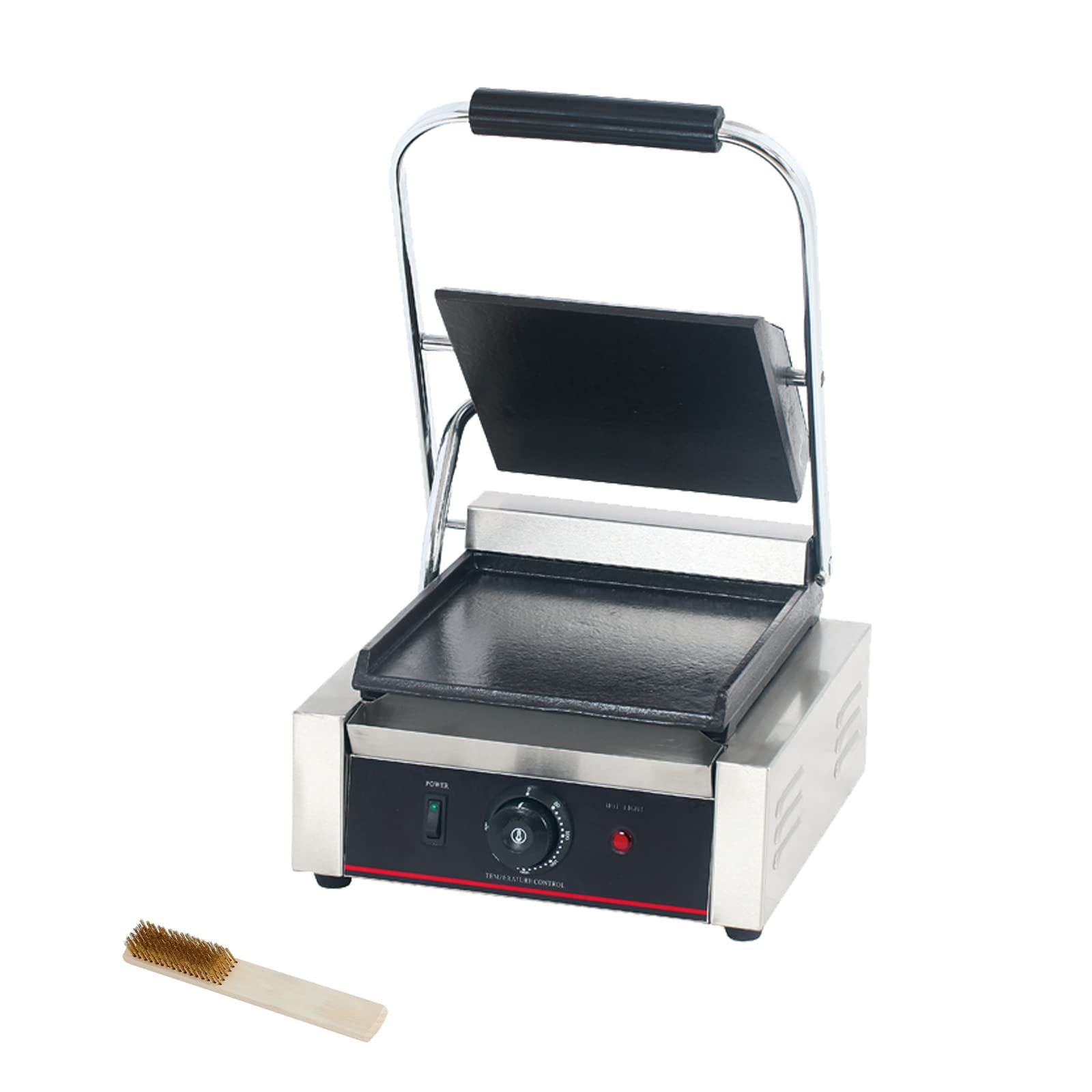 Commercial Panini Press with Grooved Grill - Electric Sandwich Maker Machine for Restaurants & Catering - Single Smooth Top & Bottom Contact Grill - Perfect for Paninis, Burgers, Quesadillas & Breakfast Sandwiches