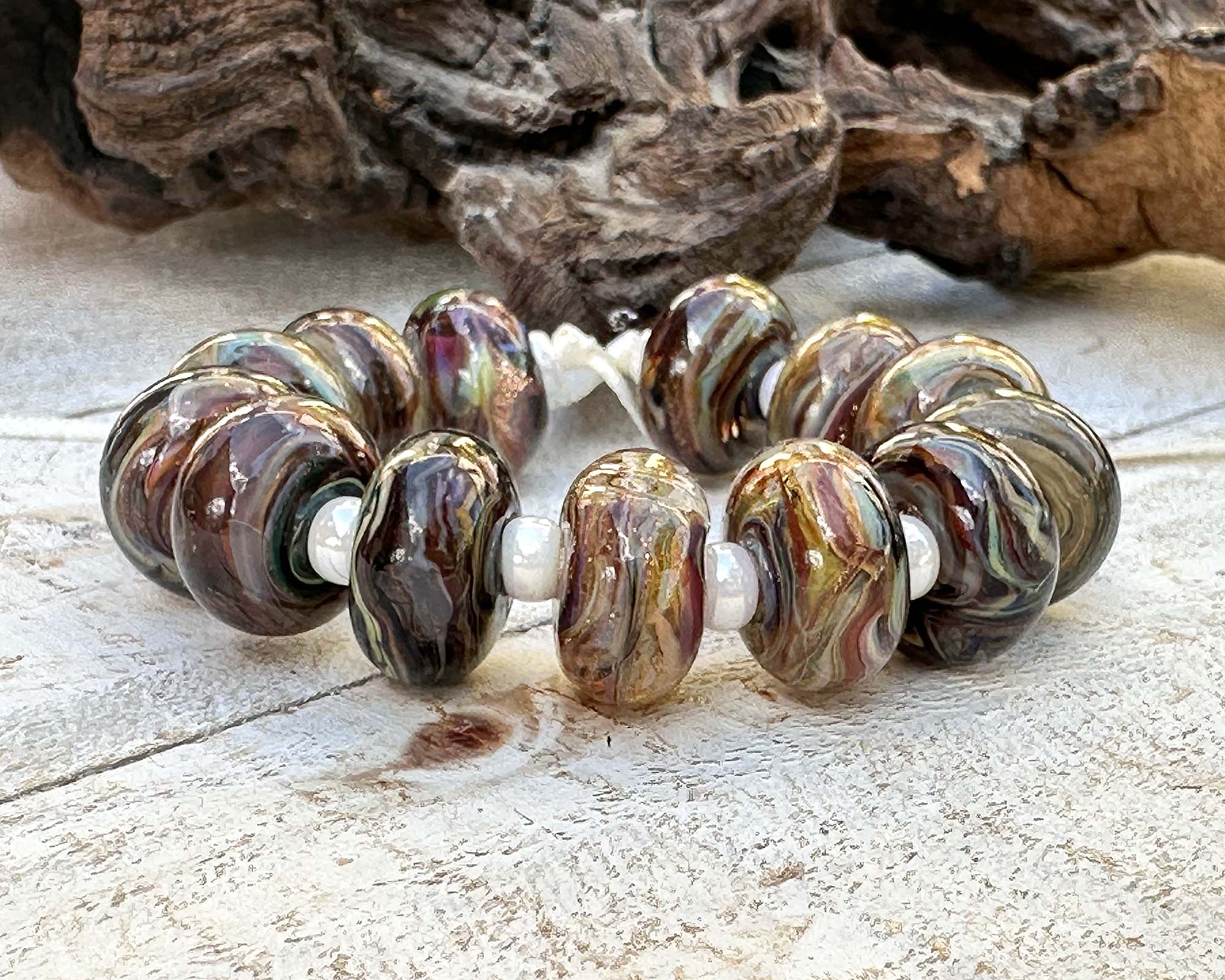 13 Multicolor Brown Swirl Lampwork Glass Beads Set for Jewelry Making - DIY Bracelet, Necklace & Craft Projects (SRA)
