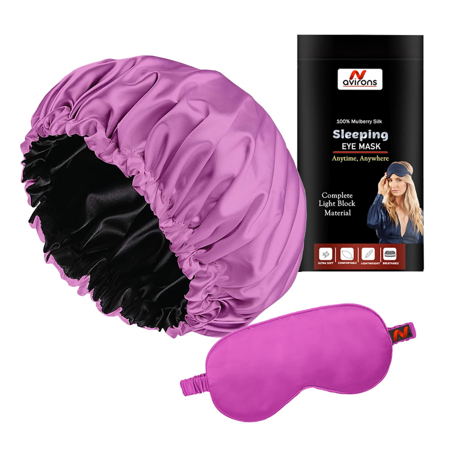 Avirons Reversible Satin Silk Hair Bonnet & Sleep Mask Set - 2-in-1 Blackout Eye Mask & Hair Protection Cap for Nighttime & Travel - Soft Silk Bonnet for Curly, Natural, Braided Hair & Deep Sleep