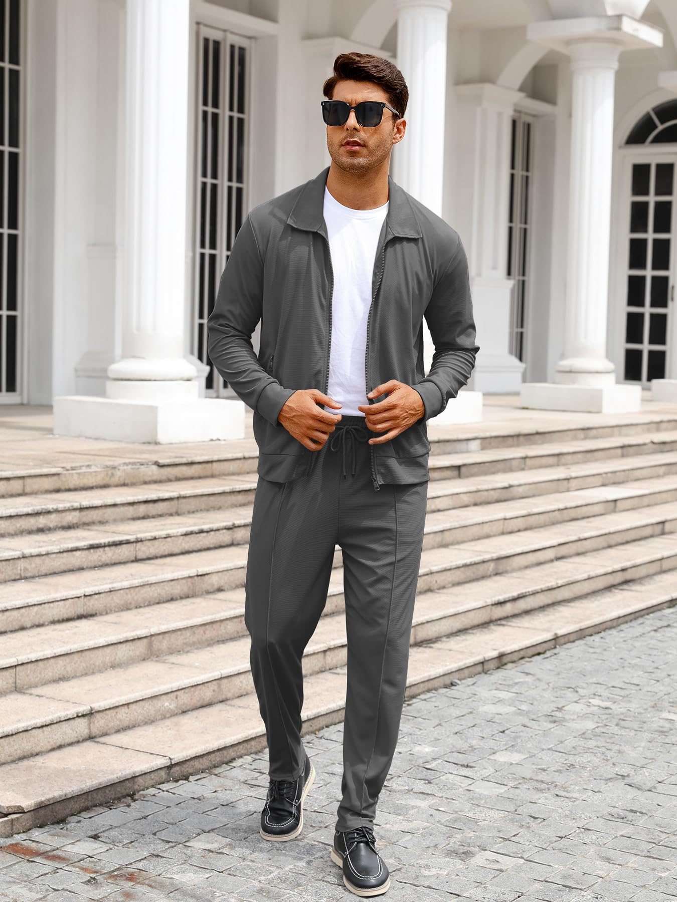 Men's Waffle Knit Tracksuit Set - 2 Piece Long Sleeve Zip Up Hoodie & Jogger Pants - Solid Color Athletic Sweatsuit for Running, Gym, and Casual Wear