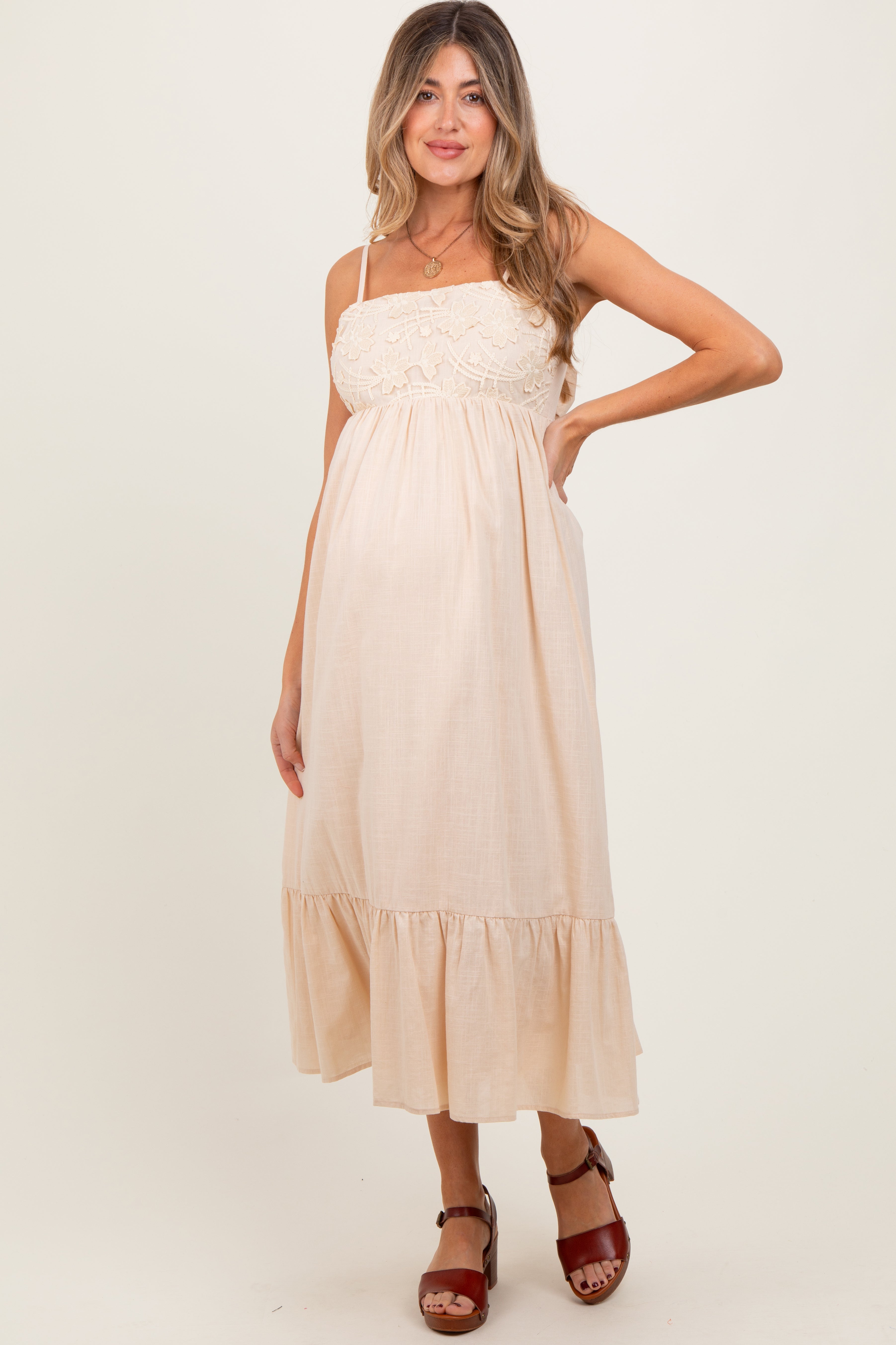 Beige Floral Embroidery Maternity Dress with Back Ribbon - Elegant Midi Length for Pregnancy, Baby Shower & Special Occasions