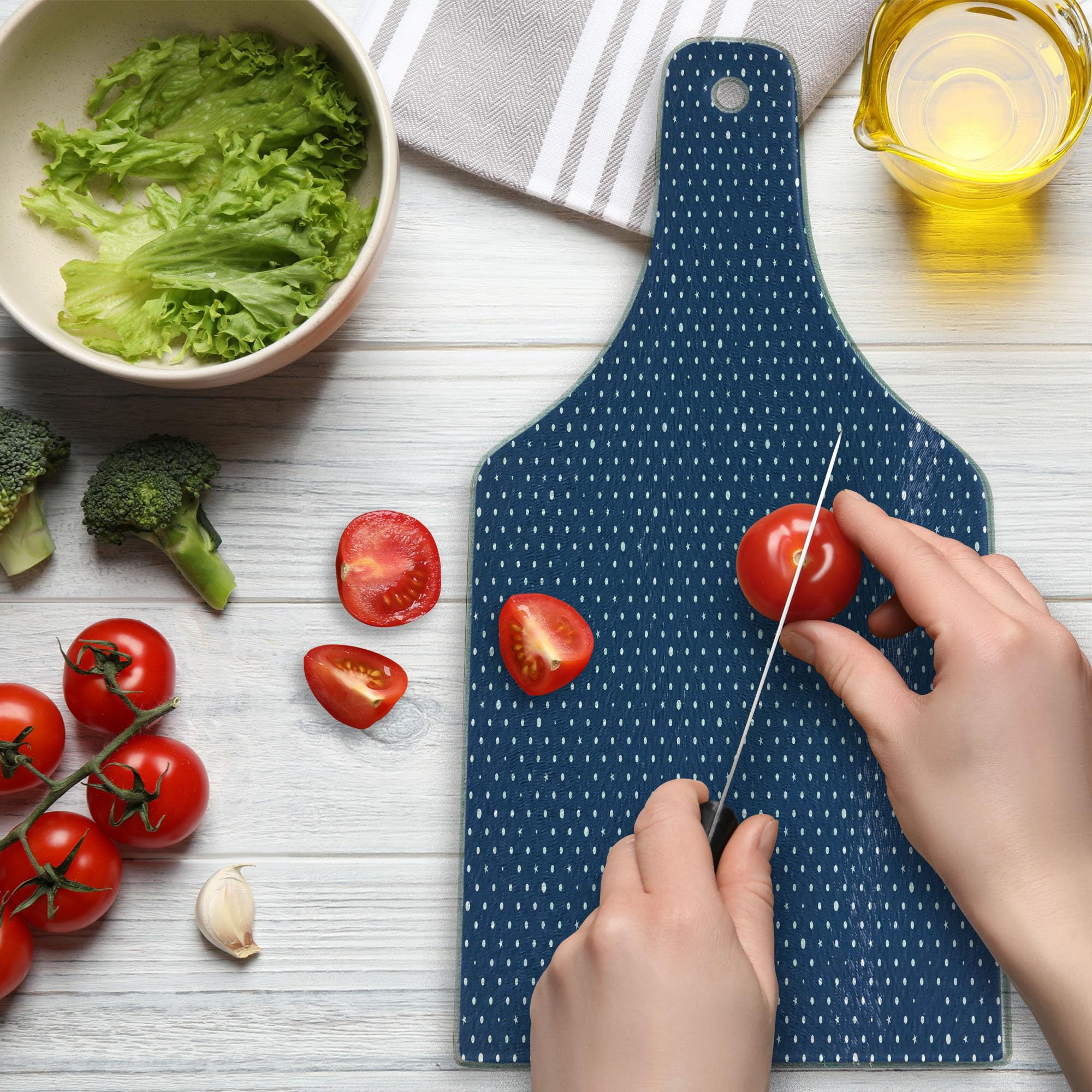 Ambesonne Navy Blue Polka Dot Star Pattern Tempered Glass Cutting Board - Retro Decorative Serving Board with Wine Bottle Shape - Perfect for Kitchen, Dining, and Party Entertaining