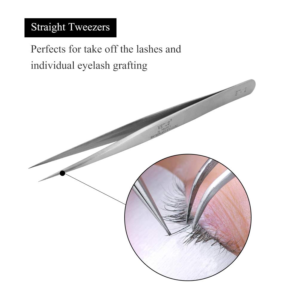 Professional Lash Extension Tweezers - Vetus Straight Pointed Stainless Steel Eyelash Tweezers for Lash Extensions, False Eyelash Application & Precision Electronics Work - Perfect for Salon Professionals & DIY Beauty Enthusiasts