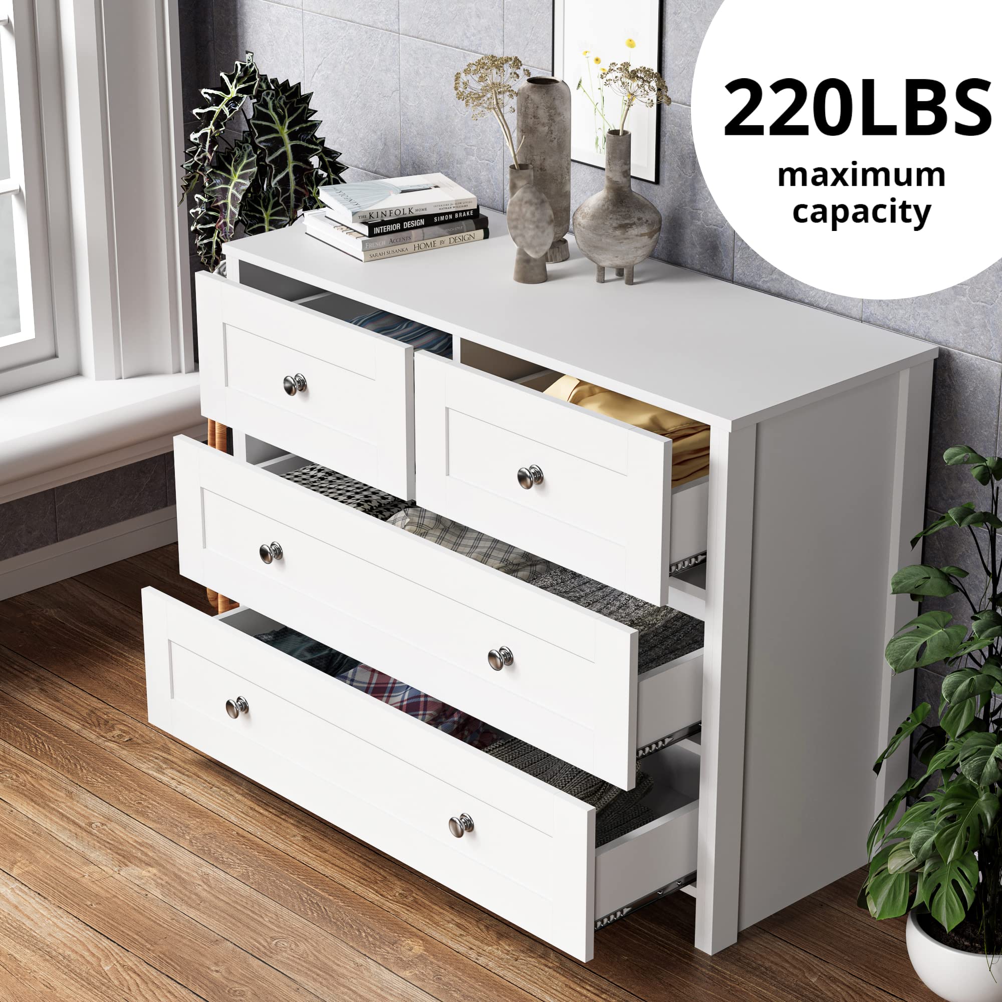 Modern White Dresser with 4 Wide Drawers - Wooden Chest of Drawers for Bedroom, Hallway, Living Room & Closet Organization | Perfect for Home Storage & Bedroom Decor