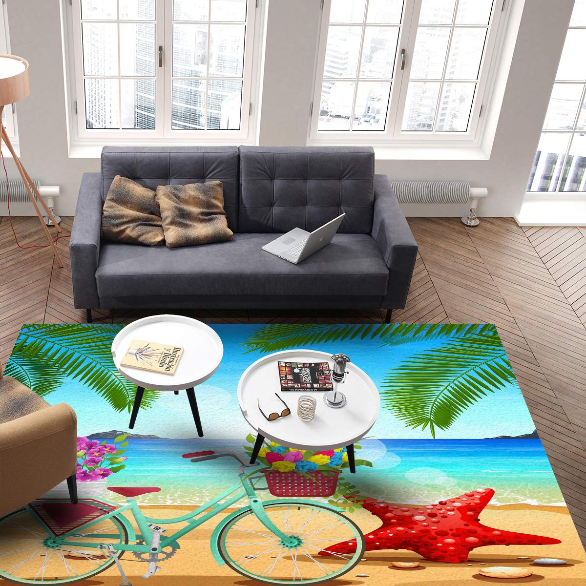 Soft and Comfy 5' x 6.9' Area Rug with Starfish & Seashells Bicycle Design - Perfect for Living Room, Dining Room, Bedroom Floor Decor | Home Decorative Mat for Coastal & Nautical Themed Spaces