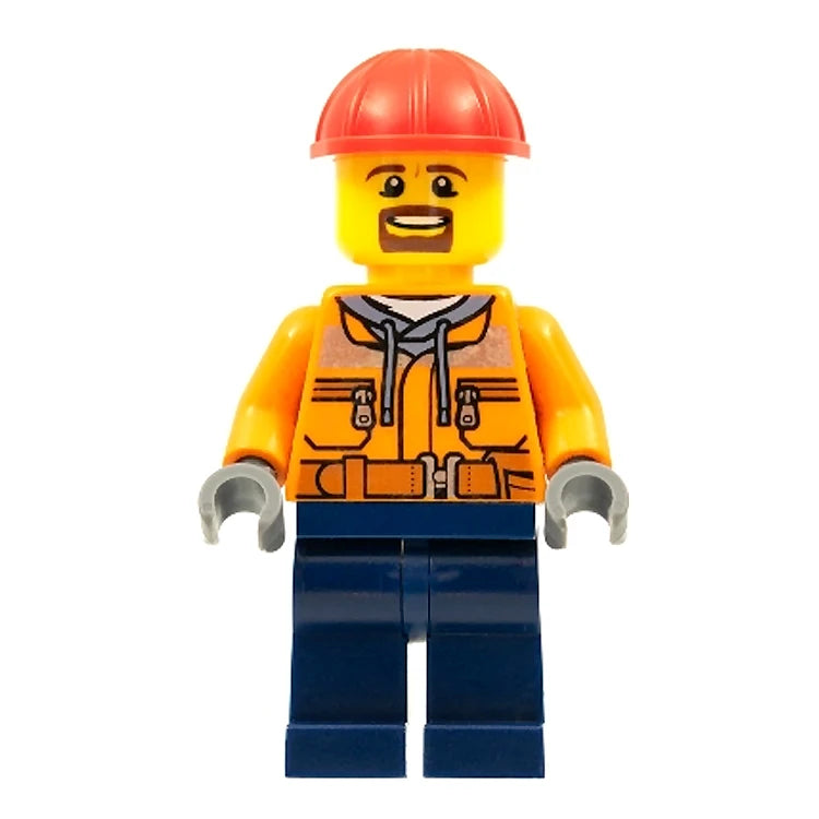 LEGO Minifigure Construction Worker - Male with Orange Safety Jacket, Helmet & Goatee (2018) | Perfect for City Building Sets, Construction Themed Displays & LEGO Collectors