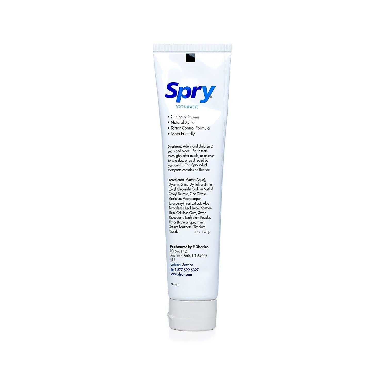 Spry Xylitol Toothpaste 5oz - Fluoride Free Natural Toothpaste for Adults & Kids, Teeth Whitening & Breath Freshening with Spearmint Flavor (Pack of 2) | Gentle Oral Care for Sensitive Teeth & Daily Fresh Breath
