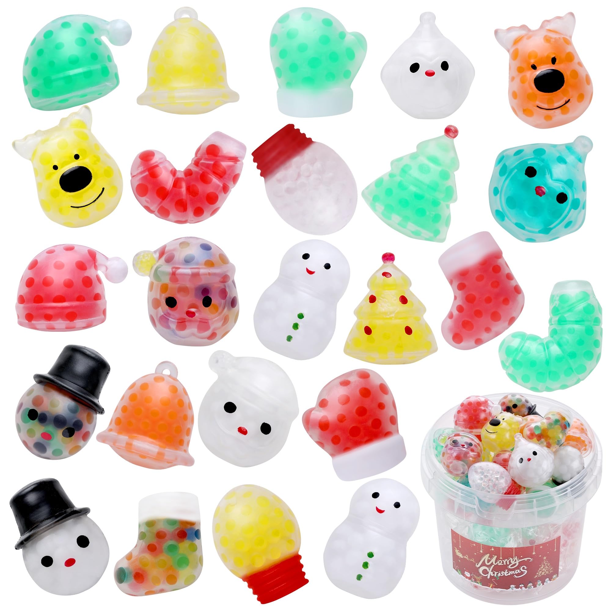 24-Piece Christmas Mochi Squishy Toys Set - Snowman & Santa Claus Water Bead Stress Balls, Fun Stocking Stuffers for Kids - Perfect for Christmas Gifts, Party Favors, and Sensory Play (Boys & Girls)