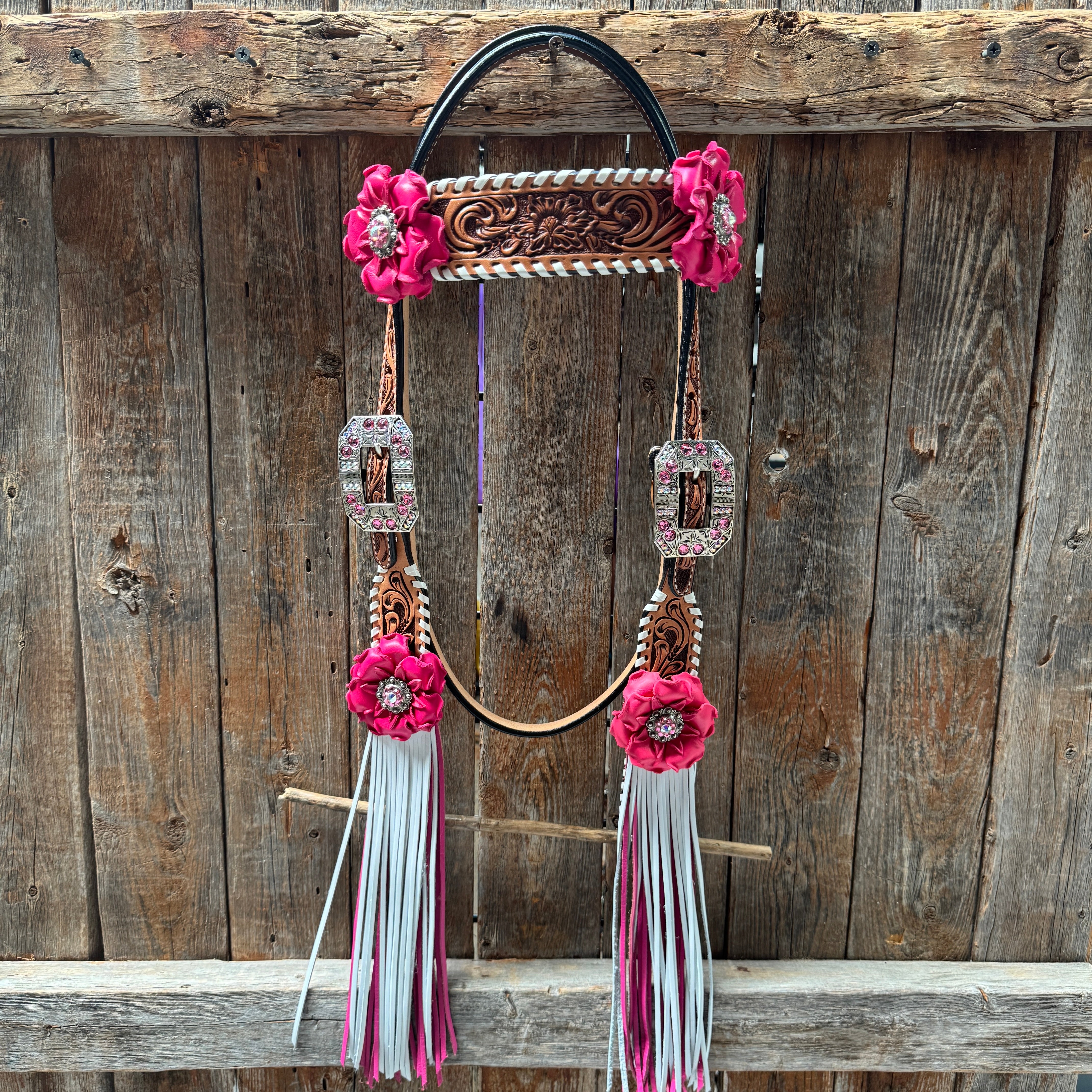 Pink and White Light Oil Whipstitch One Ear & Breastcollar Horse Tack Set #OEBC437 - Perfect for Western Riding, Shows, and Trail Competitions