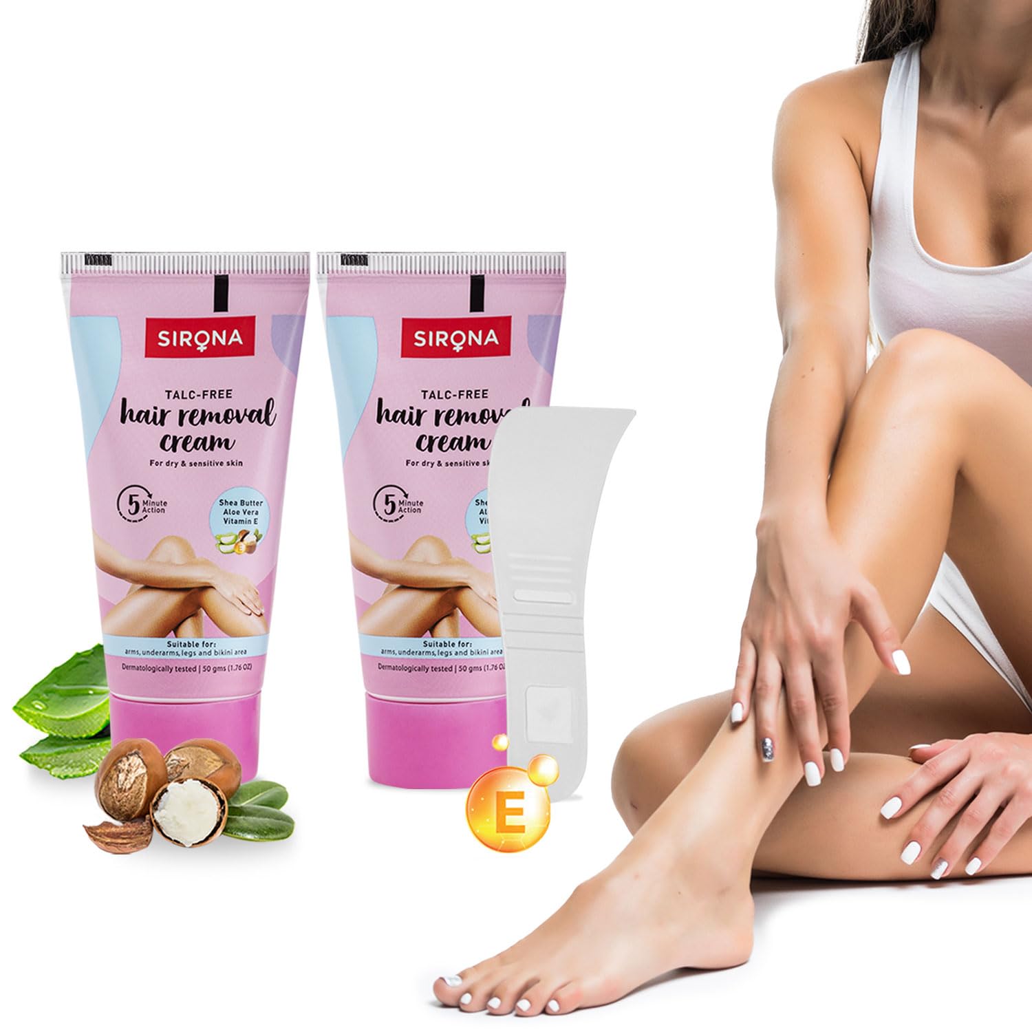 Sirona Hair Removal Cream for Women - Bikini, Underarm & Legs - Dermatologist Tested for Dry & Sensitive Skin - 50g (Pack of 2) - Gentle & Effective Hair Removal for Smooth Skin at Home or Salon