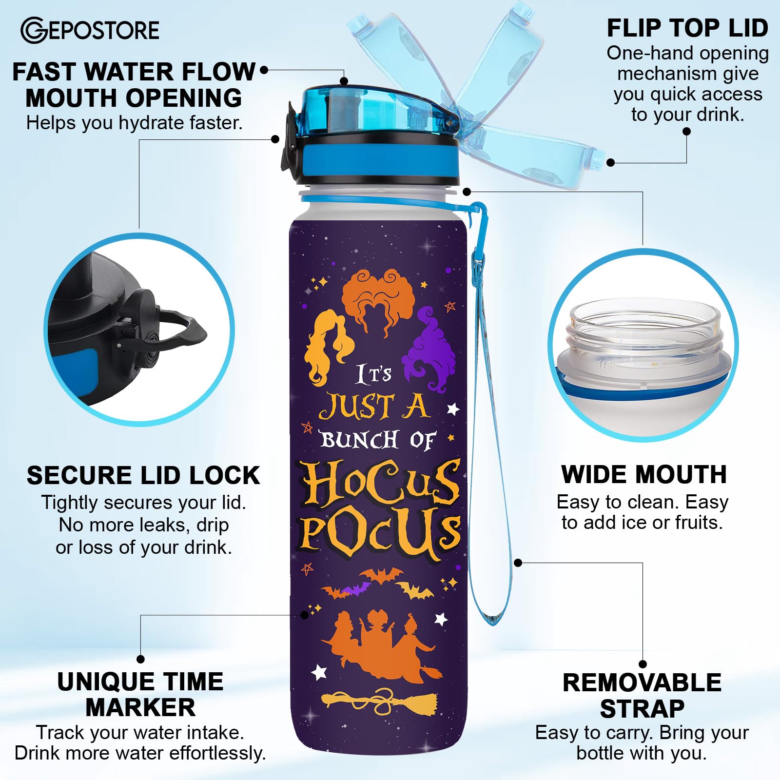 Hocus 32 Oz Insulated Water Bottle with Time Marker - Motivational Movie Character Design - Perfect for Gym, Hiking & Work - Great Gift for Movie Lovers