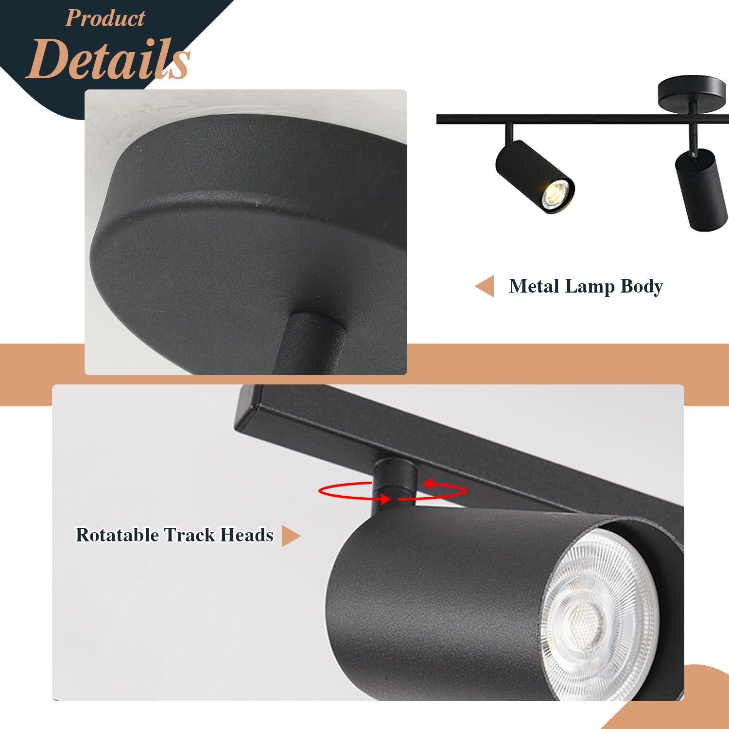 BOKT Modern Matte Black 3-Light Adjustable LED Track Lighting Kit - Industrial 3-Way Flush Mount Ceiling Spotlight Fixture for Living Room, Kitchen & Retail Stores