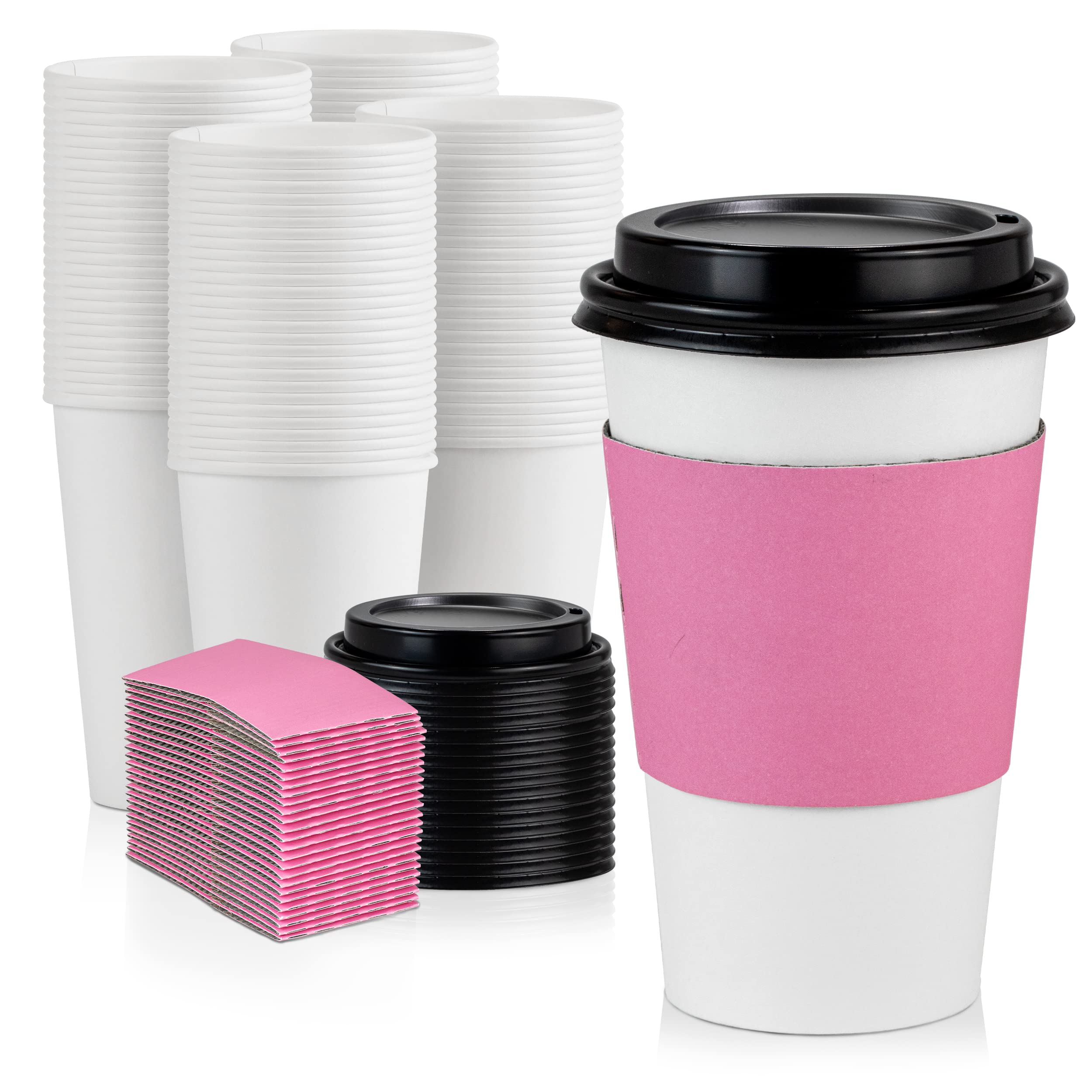 500 Pack 16 oz Disposable Coffee Cups with Lids & Pink Sleeves - Lead-Free Sturdy To-Go Hot Paper Cups for Coffee, Tea, Parties, Weddings, Birthdays - Ideal for Home, Office, Cafes & Events (Black Lids)