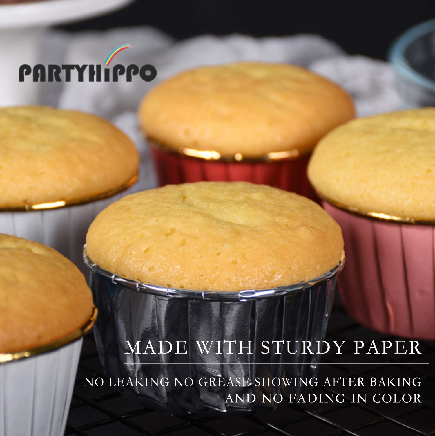 50-Pack Gold & Silver Disposable Foil Cupcake Liners - 3.5 Oz Baking Cups for Muffins, Cupcakes & Desserts | Reusable Aluminum Ramekin Holders for Party, Wedding & Holiday Baking (Hippo Design)