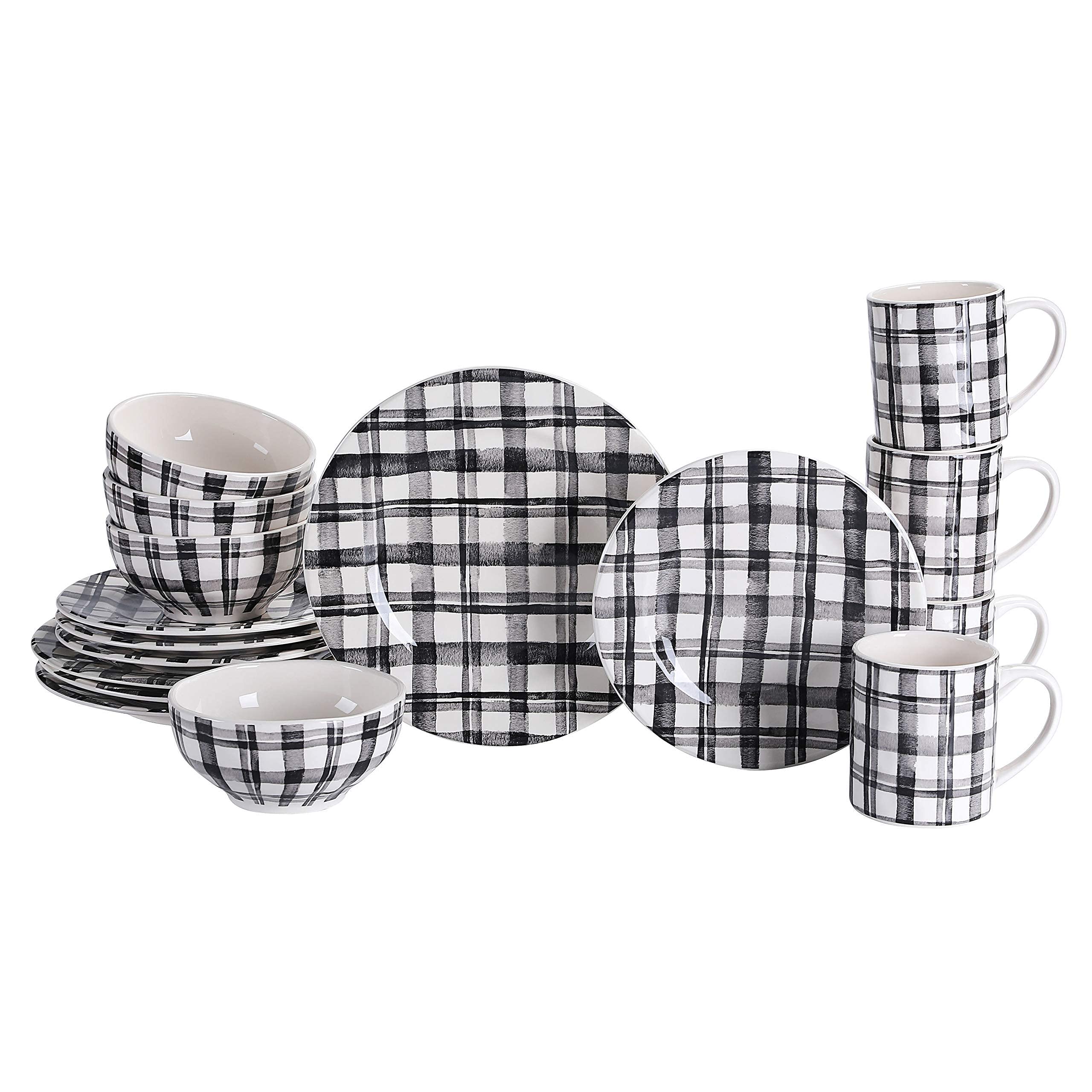 Bico Black and White Plaid Ceramic Dinnerware Set - 16 Piece Service for 4 (11
