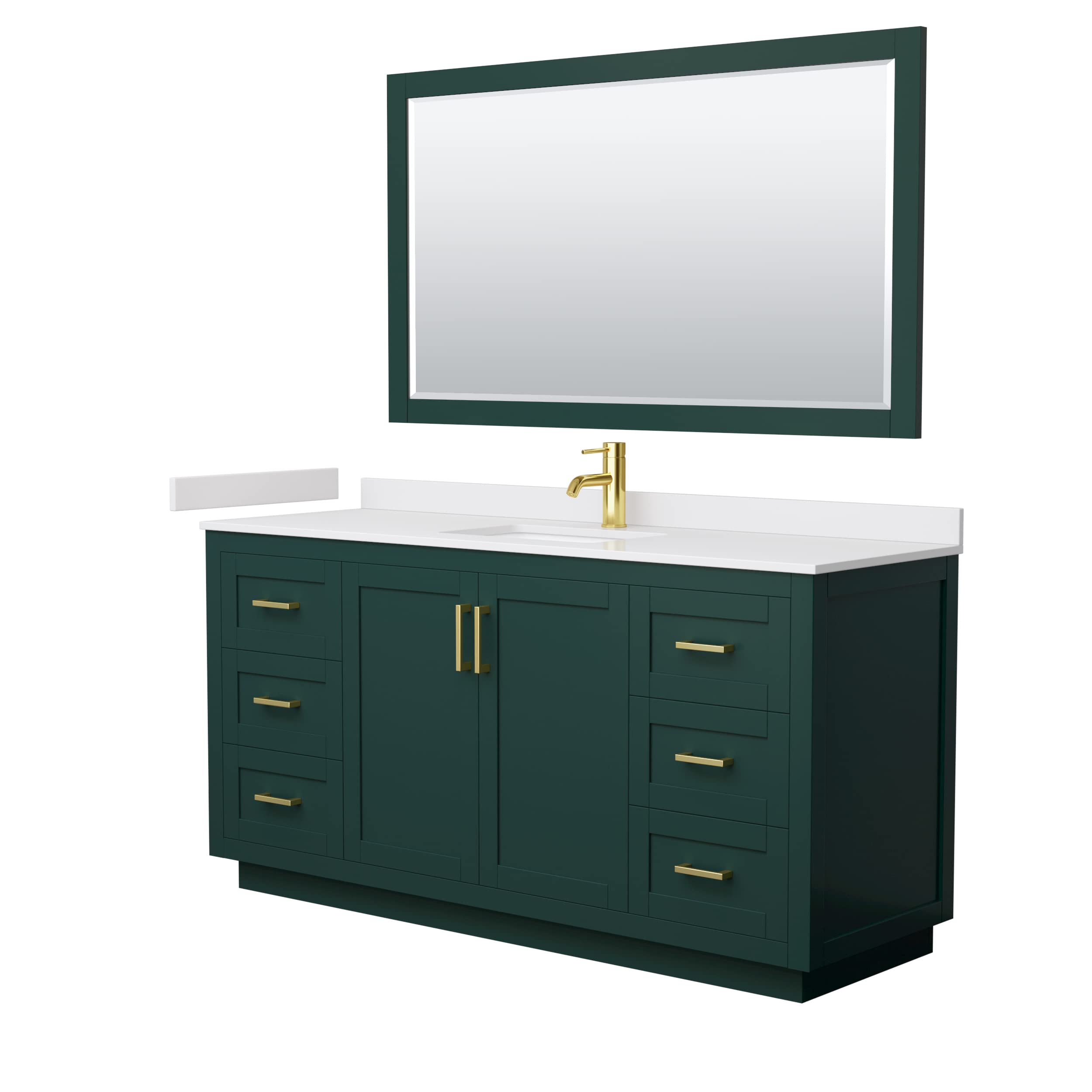 Wyndham Collection Miranda 66 Inch Green Bathroom Vanity with White Cultured Marble Countertop, Undermount Square Sink & Brushed Gold Trim - Includes 58 Inch Mirror | Perfect for Modern Bathroom Renovations, Small Space Solutions & Luxury Home Decor