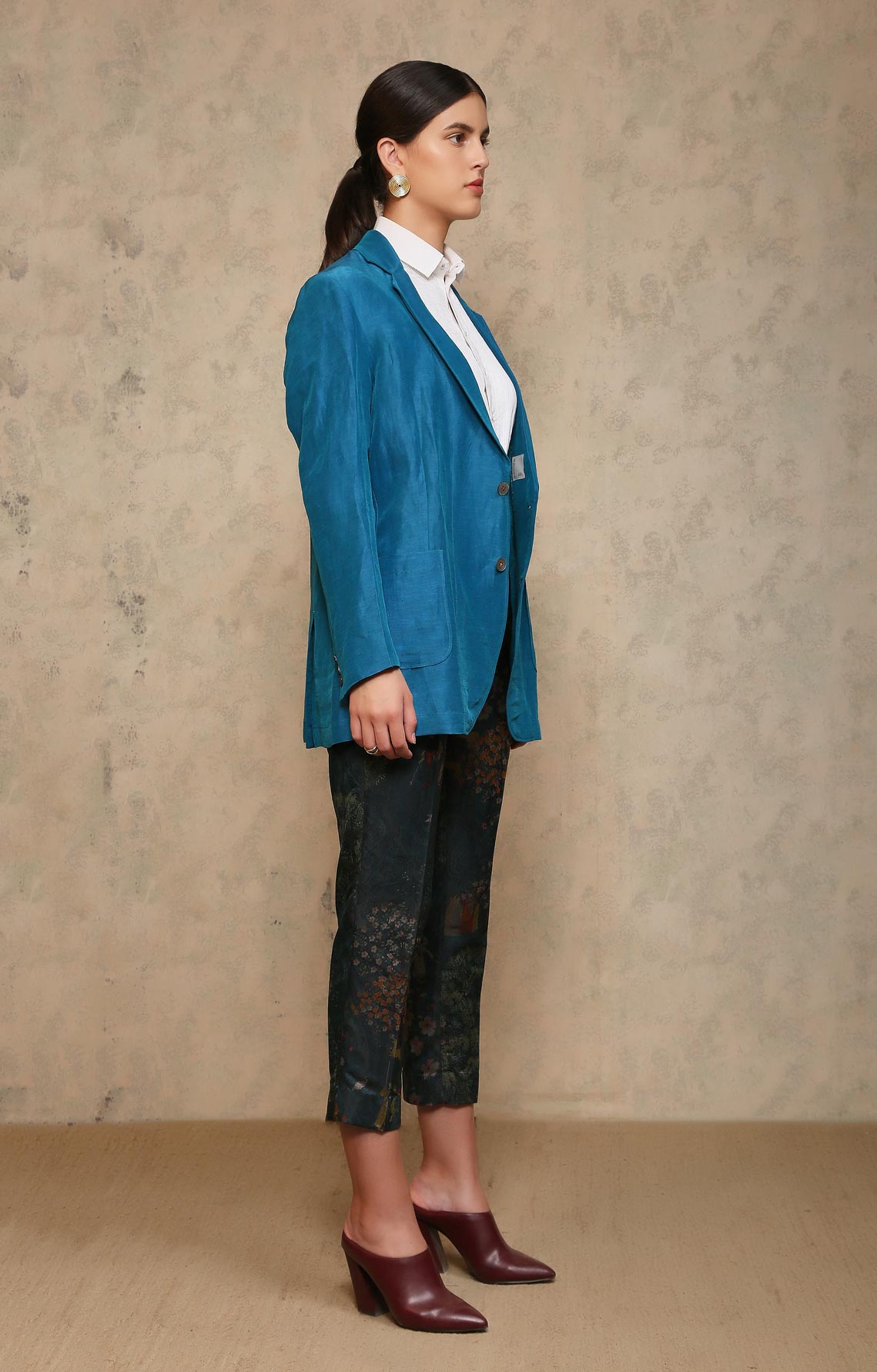 Rana Women's Turquoise Blazer - Satin Silk Linen Blend Jacket for Office, Wedding & Special Occasions