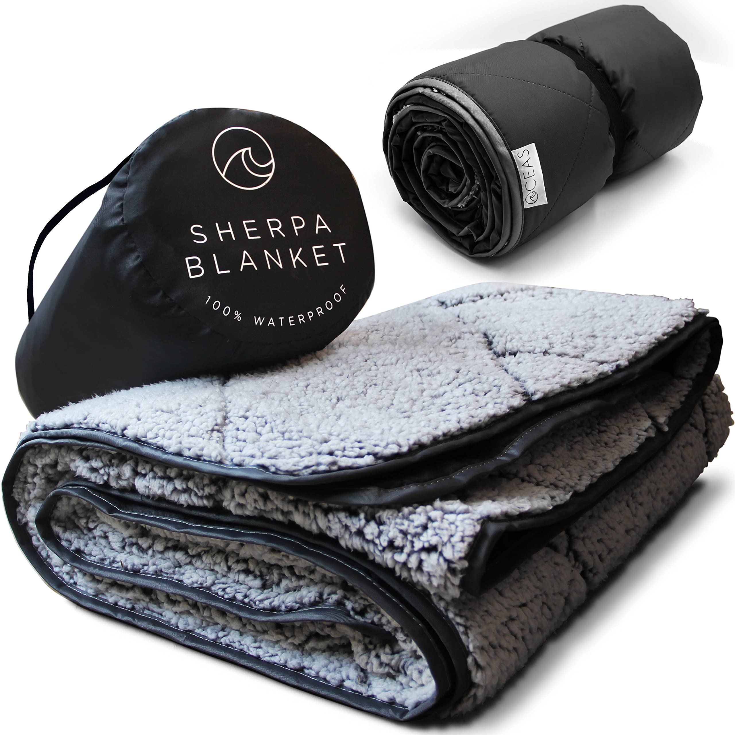 Oceas Outdoor Waterproof Stadium Blanket - Thick Weatherproof & Windproof Sherpa Blanket for Camping, Sports Events, Picnics, Beach, Tailgating, Hiking & Car Travel - Insulated Thermal Throw (Black) - Perfect for Cold Weather, Concerts & Outdoor Adventures