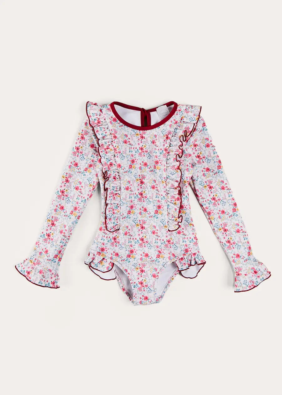Louisa Floral Ruffle Trim Long Sleeve Swimsuit for Girls 2-10 Years | Pink Swimwear with UV Protection | Perfect for Beach, Pool & Summer Vacations