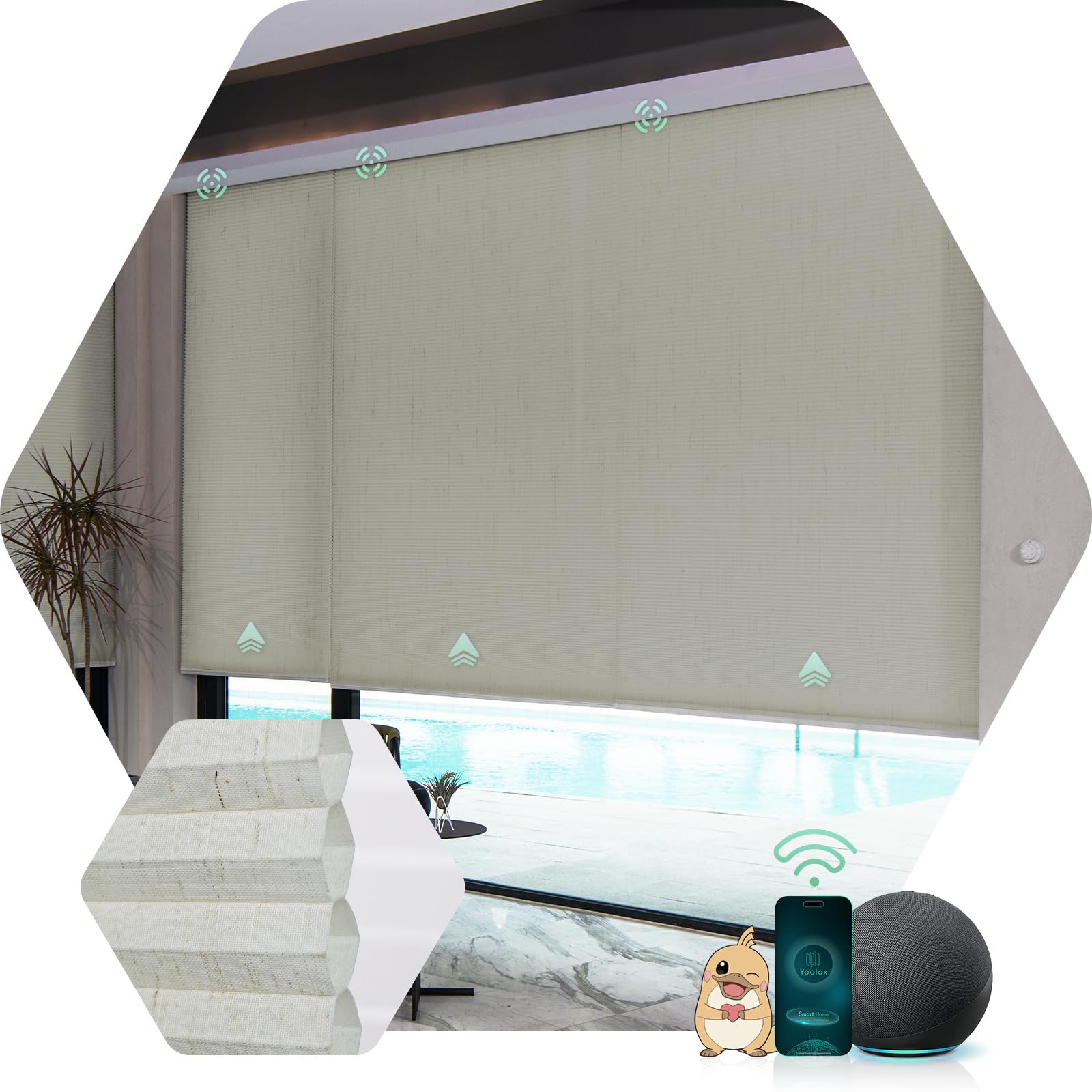 Yoolax Motorized Cellular Shades - Smart Honeycomb Blinds Compatible with Alexa, Light Filtering Window Shades with Remote Control, Custom Size (Linen Beige) | Perfect for Bedroom, Living Room & Home Office