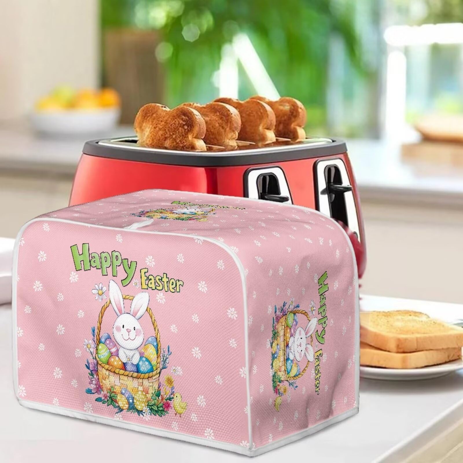 Xoenoiee 2 Slice Toaster Cover with Rabbit Daisy Easter Egg Print - Microwave & Toaster Oven Protector - Cute Kitchen Accessories for Easter Decor & Bread Maker Protection