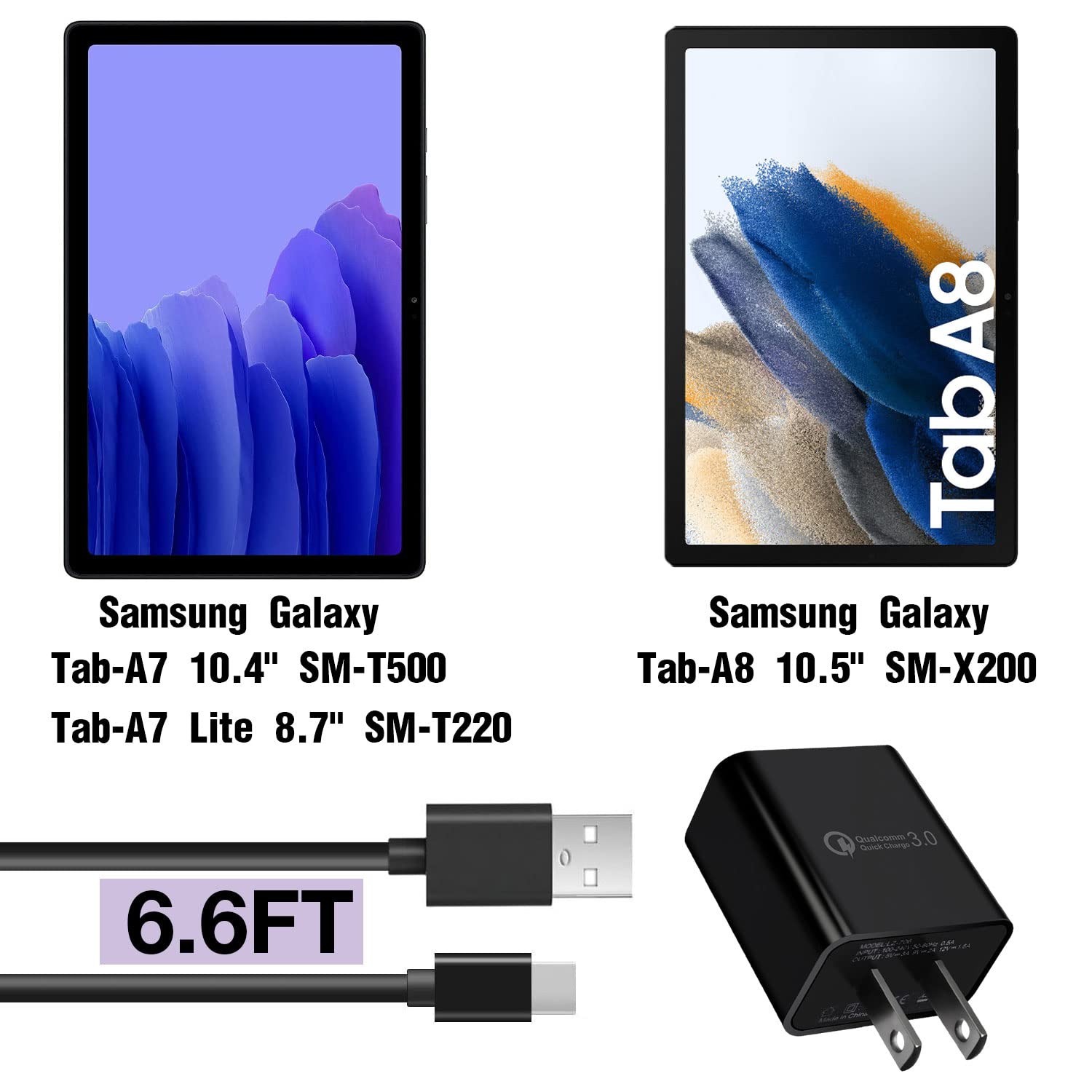 6Ft USB C Fast Charger Cable - 18W QC3.0 Quick Charge for Samsung Galaxy Tab A7 10.4