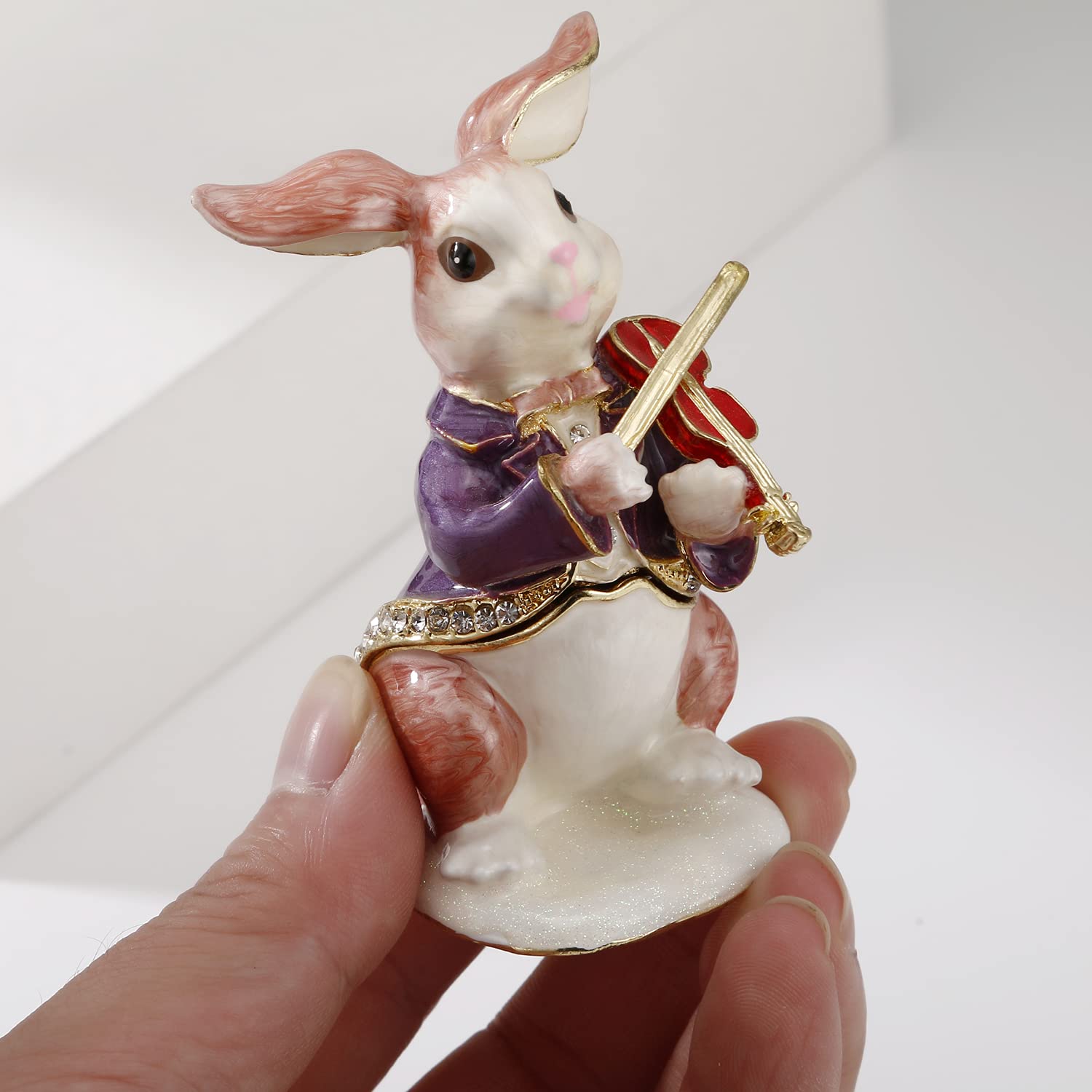 Hand-Painted Animal Trinket Box - Elegant Enamel Jewelry Organizer for Rings & Earrings, Unique Keepsake Collectible with Hinged Lid, Personalized Home Decor Gift (Rabbit-Violin Design) - Perfect for Bedroom Vanity, Wedding Favors & Special Occasion Gifts