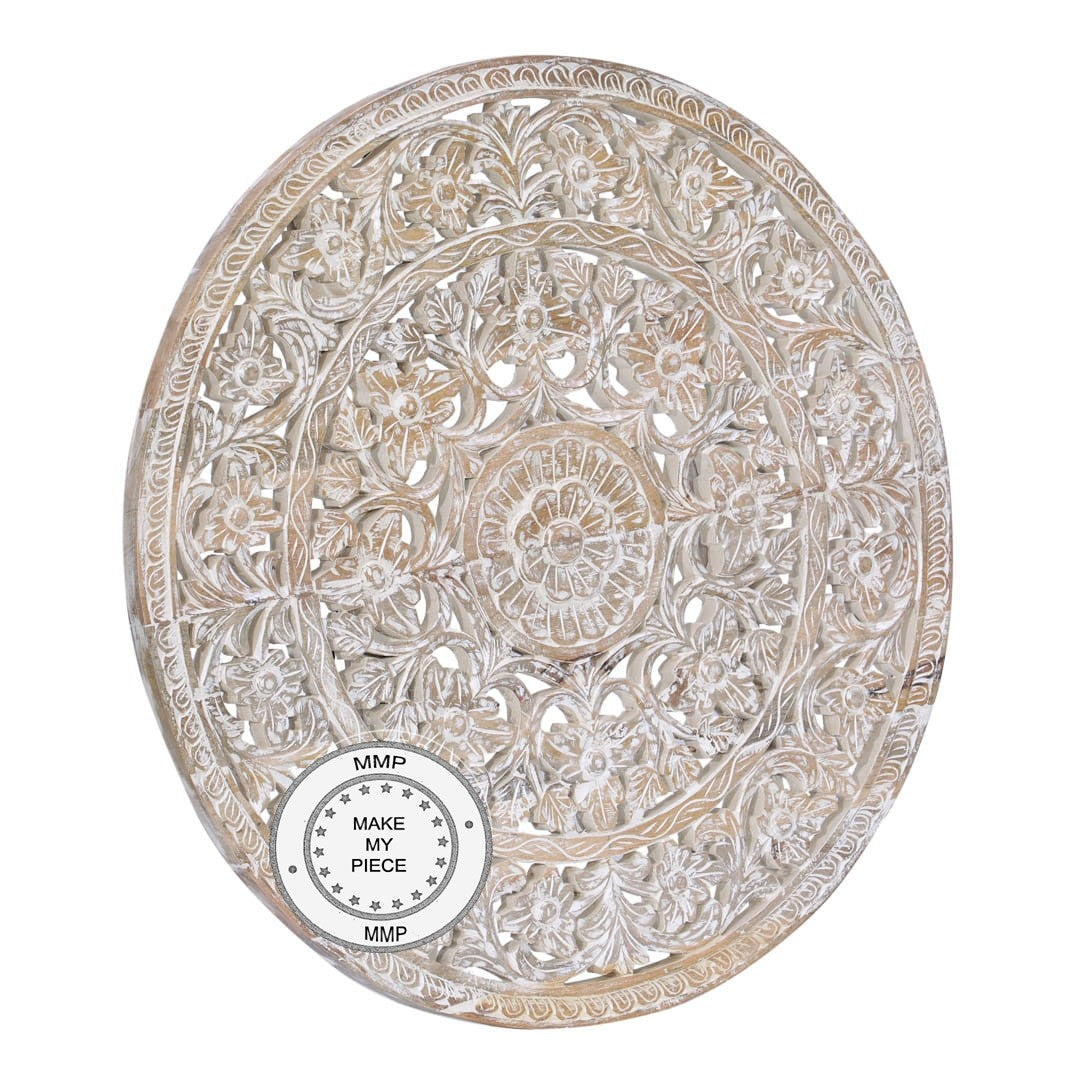Hand Carved Indian Wooden Saffron Panel Bedhead - Whitewashed Traditional Design for Bedroom Decor | Perfect for Boho, Farmhouse & Ethnic Style Interiors