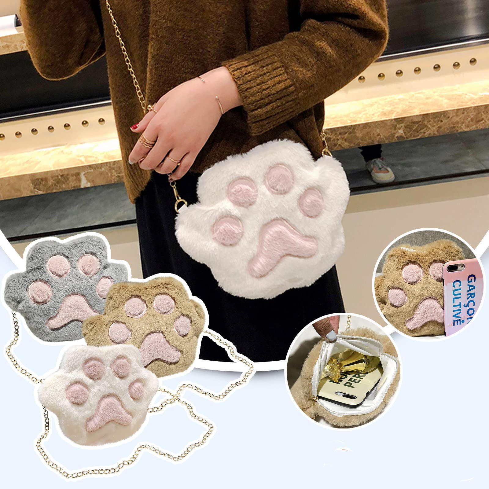 KeyiwaA Women's Cute Cartoon Plush Cat Claw Soft Chain Shoulder Bag - Stylish Messenger Purse for Students, Phone & Essentials - Perfect for School, Work & Casual Outings (White)