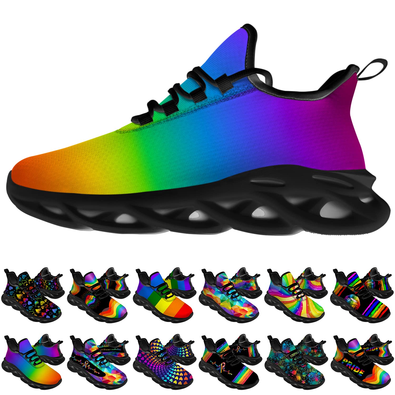 **Ciadoon Unisex Rainbow Running Shoes - Gradient Color Gay Pride Sneakers for Men & Women - Comfortable Walking & Tennis Shoes - Size 8.5 Men/11 Women (Black) - Perfect for LGBTQ+ Events, Workouts & Casual Wear**