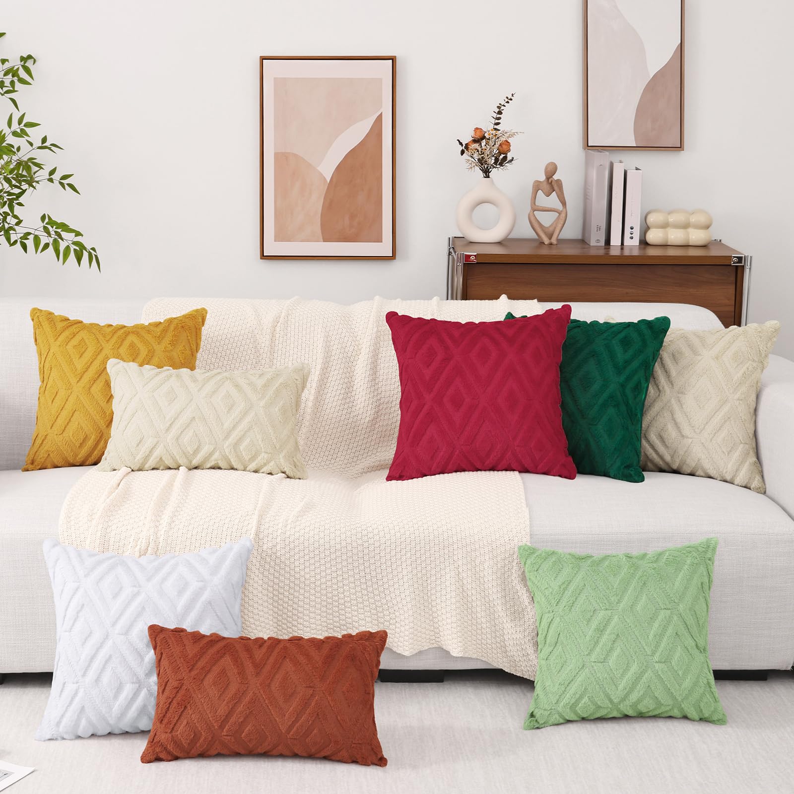 Pallene Soft Faux Fur Throw Pillow Covers 16x16 Set of 2 - Plush Wool Decorative Couch Pillow Covers for Sofa, Bed, Living Room - 3D Diamond Pattern - Mustard Yellow - Perfect for Home Decor, Cozy Winter Nights & Gift Giving