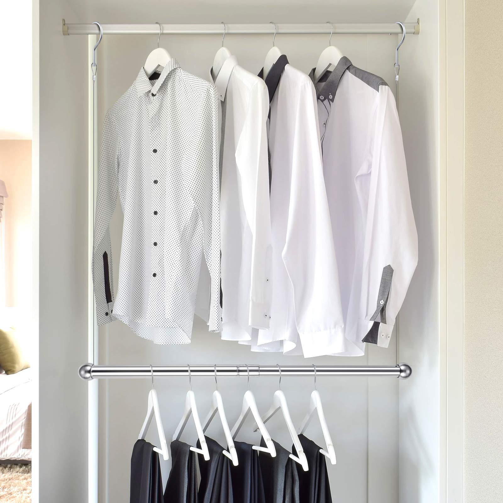 2 Pack Adjustable Hanging Closet Rods - Stainless Steel Clothes Hanging Bar with Width & Height Adjustment, Space-Saving Double Closet Organizer for Bedroom, Closet, Laundry Room, Dorm, RV & Outdoor Use